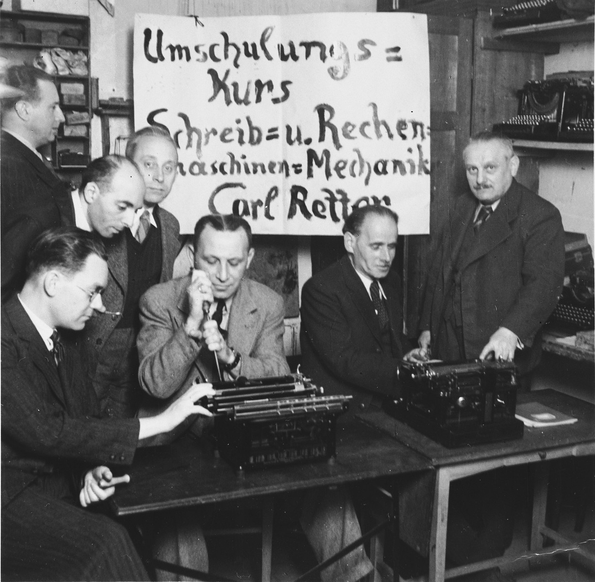 Viennese Jews learn typewriting repair in an ORT vocational school following the Nazi take-over of Austria.

Franz Edelschein is pictured third from the left.