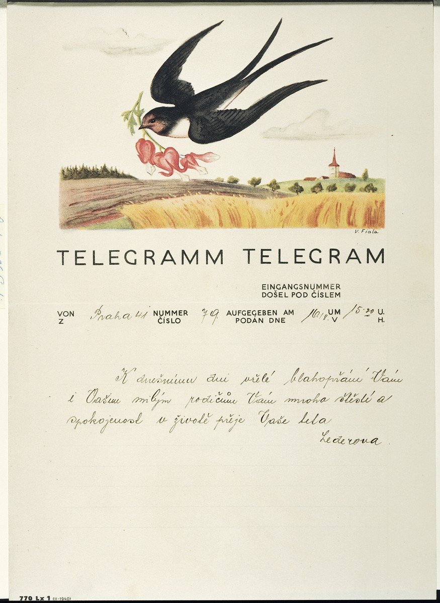 Decorative telegram congratulating a Czech Jewish couple, Blanka and Pavel Heller, on their wedding.