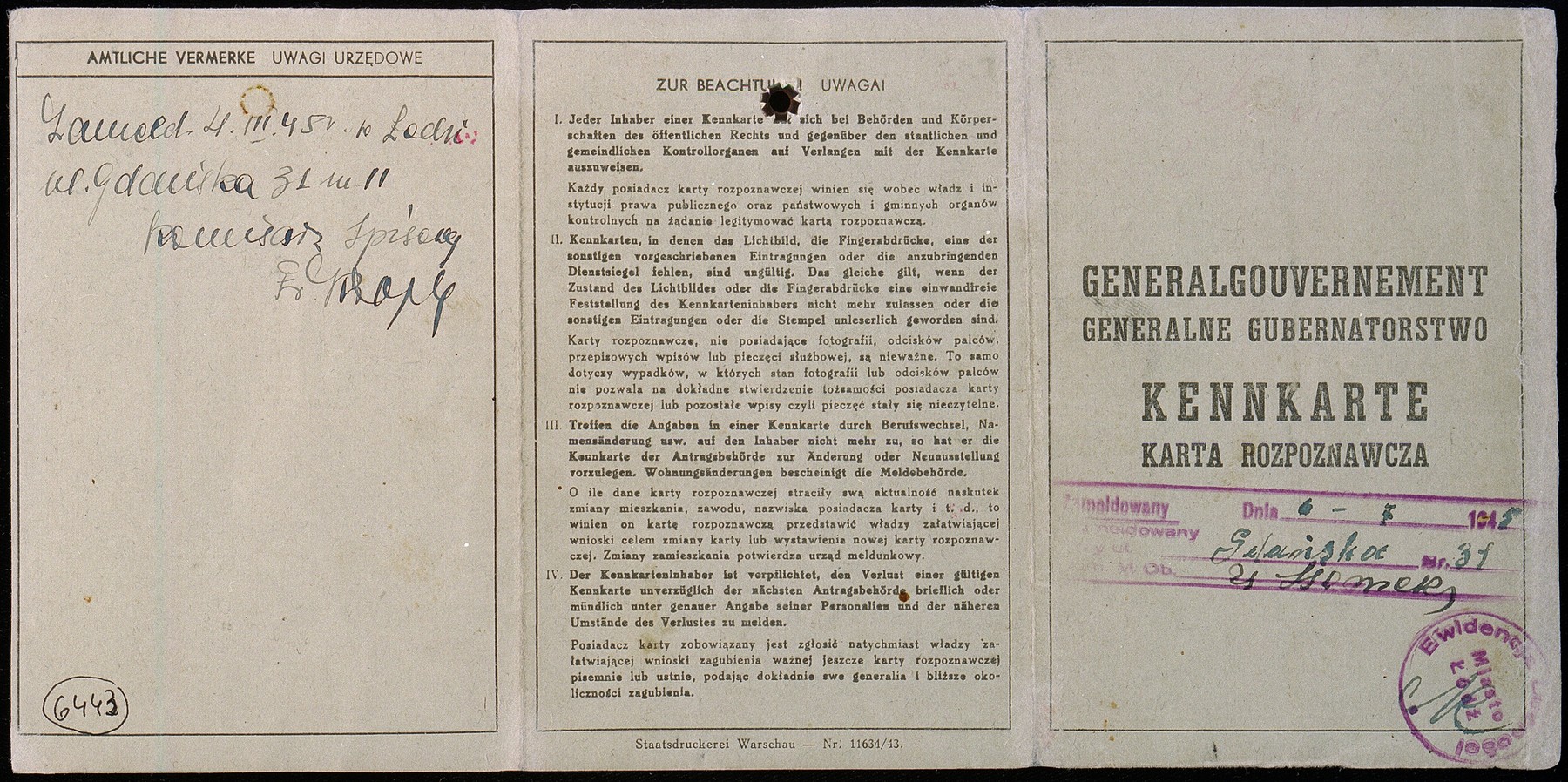 False identification card issued in name of Stanislawa Wachalska, that was used by Feigele Peltel (now Vladka Meed) while serving as a courier for the Jewish underground in Warsaw.