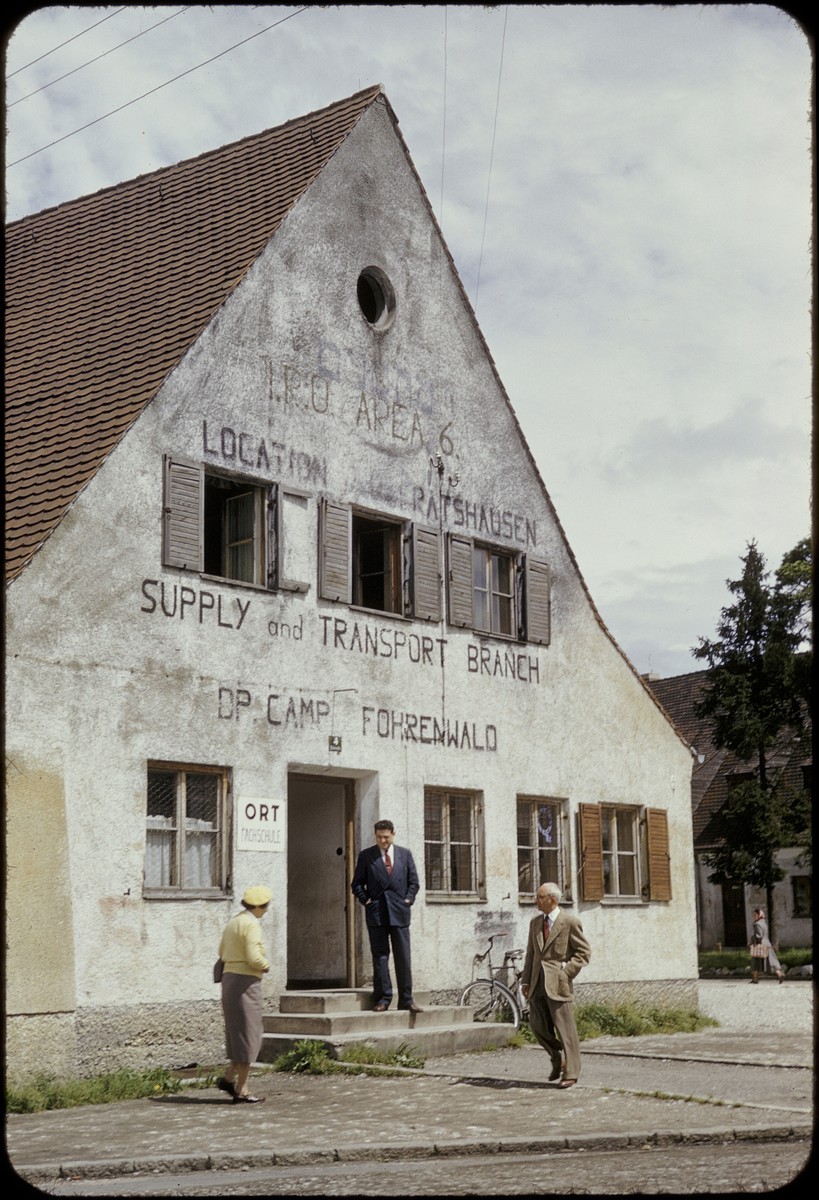 Exterior view of the ORT supply and transport building in the Foehrenwald displaced persons camp.

This slide was taken by David Rosenstein during his inspection tour of the camp.