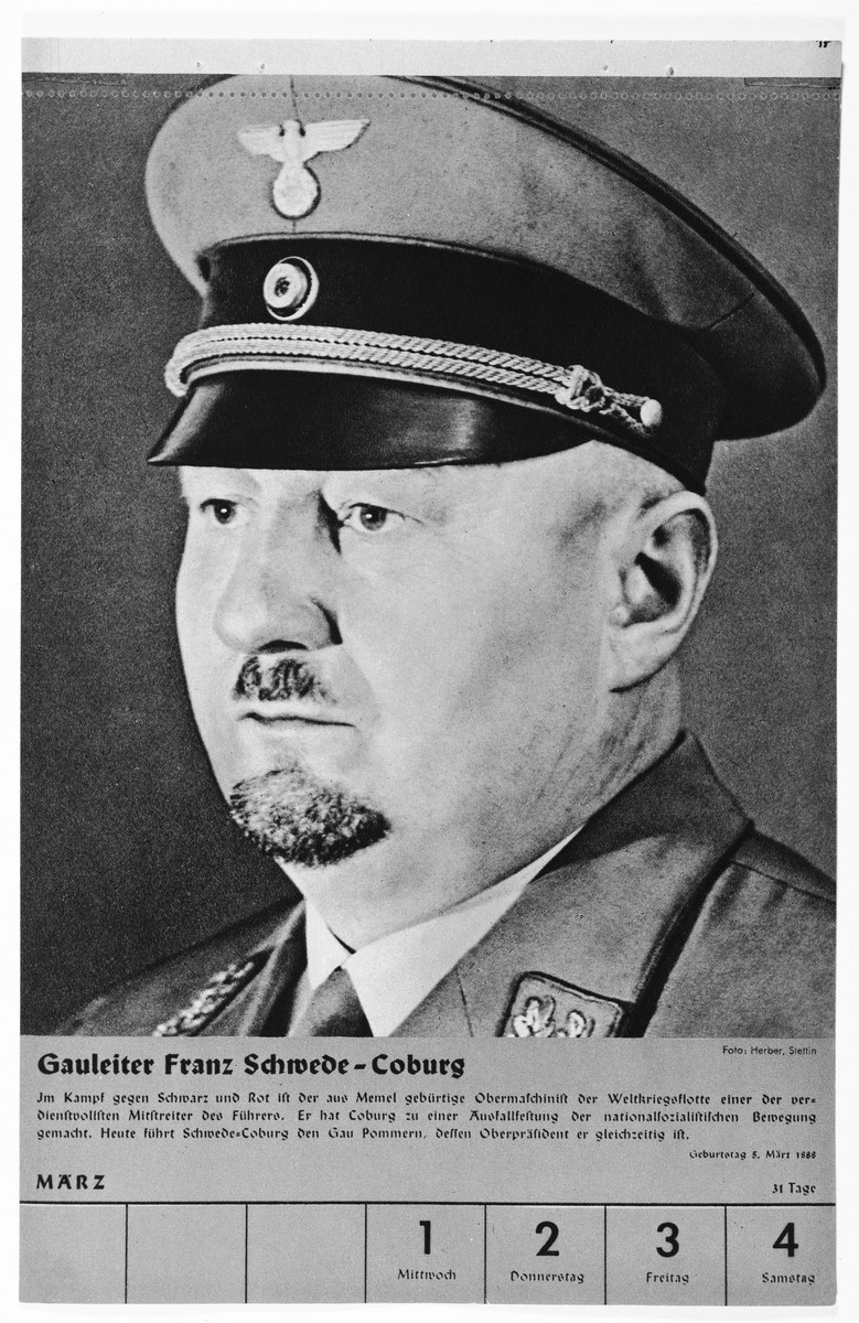 Portrait of Gauleiter Franz Schwede-Coburg.

One of a collection of portraits included in a 1939 calendar of Nazi officials.