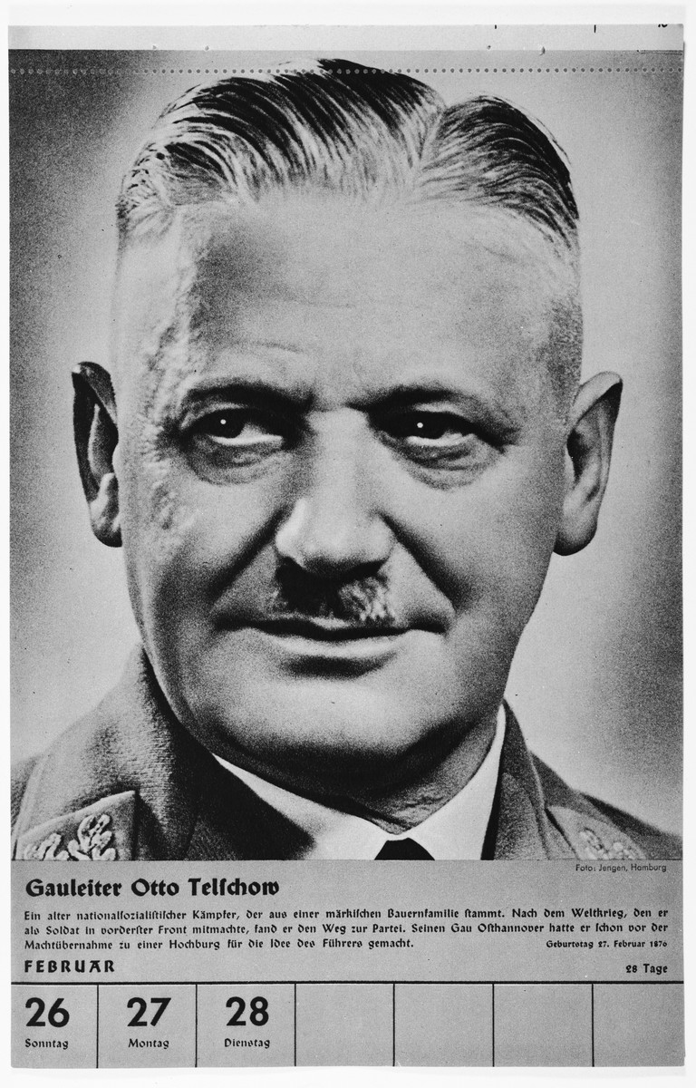 Portrait of Gauleiter Otto Telschow.

One of a collection of portraits included in a 1939 calendar of Nazi officials.