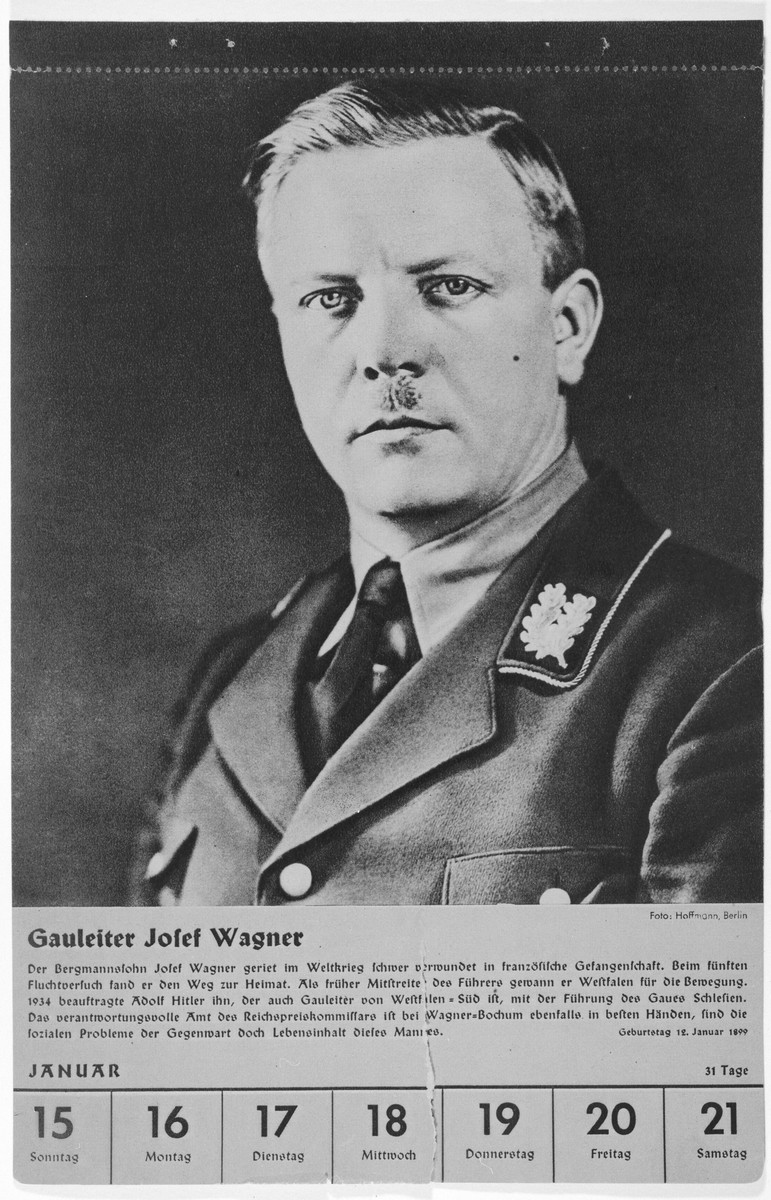 Portrait of Gauleiter Josef Wagner.

One of a collection of portraits included in a 1939 calendar of Nazi officials.