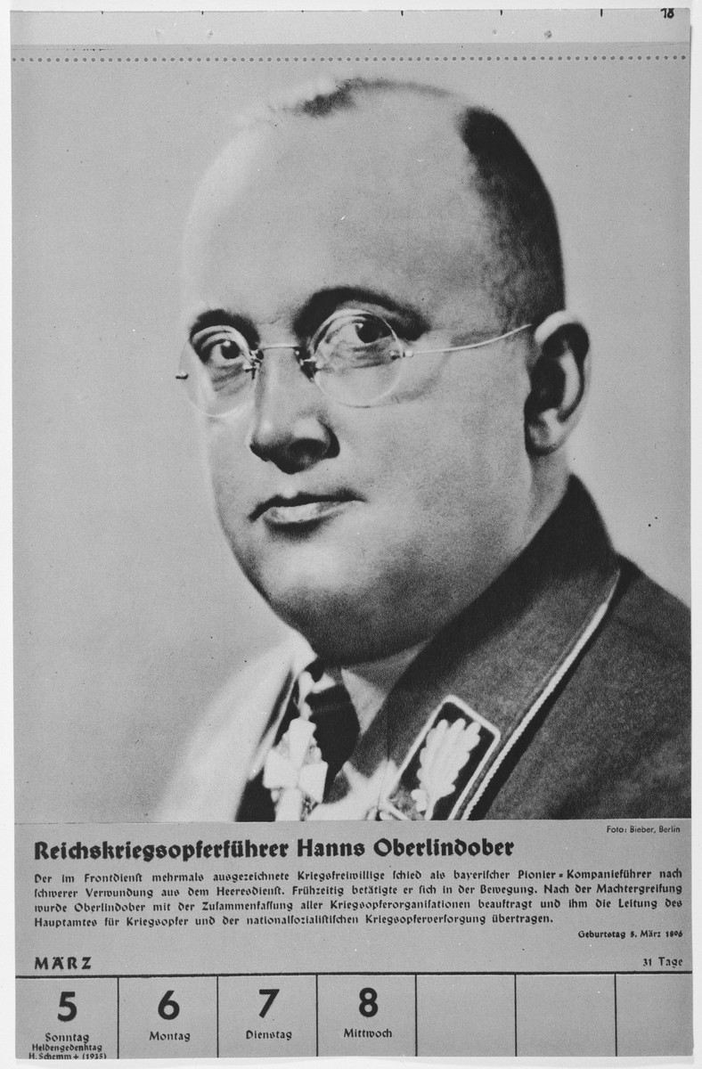 Portrait of Reichskriegsopferfuehrer Hanns Oberlindober.

One of a collection of portraits included in a 1939 calendar of Nazi officials.