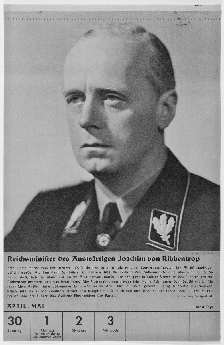 Portrait of Reichsminister Joachim von Ribbentrop.

One of a collection of portraits included in a 1939 calendar of Nazi officials.