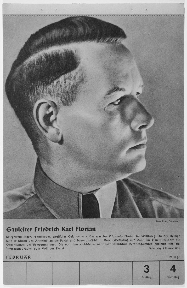 Portrait of Gauleiter Friedrich Karl Florian.

One of a collection of portraits included in a 1939 calendar of Nazi officials.