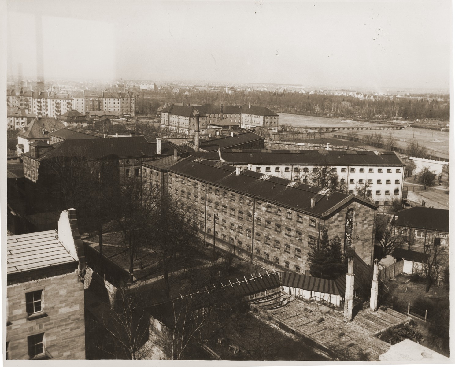 Aerial view of the Nuremberg prison, where the defendants in the International Military Tribunal war crimes trial were confined.