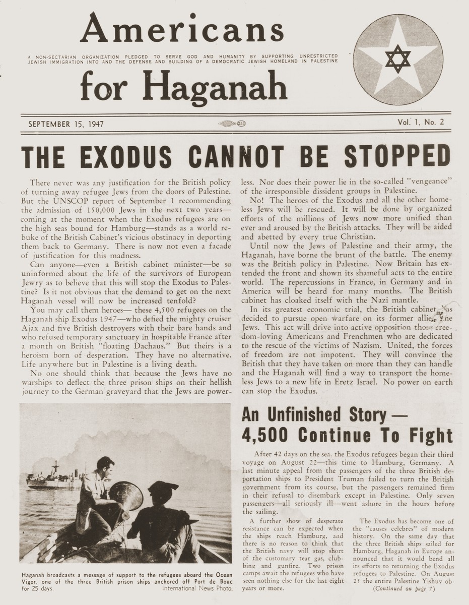 Front page of the American Zionist newspaper, "Americans for Haganah" of September 15, 1947, featuring articles about the Exodus 1947.