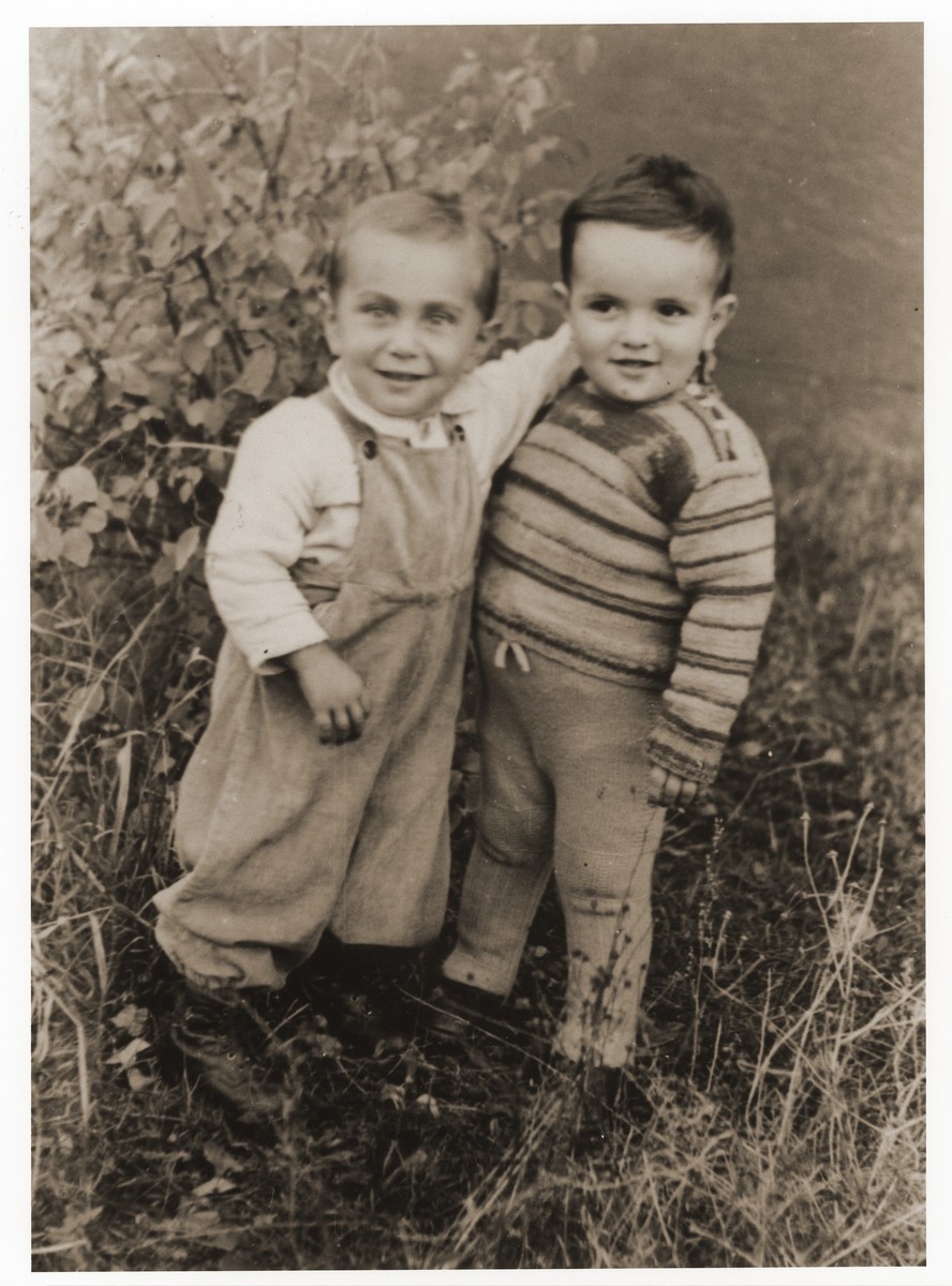 Toddlers Benjamin Trzcina and Benjamin Finklestein in the Lechfeld displaced persons camp.

Gerzon Trzcina was born in Krasnosielc, Poland in 1922.  He was the son of Dina Kassel and Benam Yitzhak, who was a businessman in the leather trade.  Gerzon had one older brother, Jacob, and two sisters, Faiga (b. 1918) and Perl (b. 1920).  When the war broke out, Gerzon was working as a photographer's assistant (among other jobs) in Warsaw.  Following the German invasion of September, 1939, Gerzon was slightly wounded by shrapnel.  Soon after, a drunken German soldier, forcibly cut Gerzon's hair.  When the soldier made him stoop down to pick up the cuttings, Gerzon grabbed the German's gun and ran away.  After a short time in hiding, Gerzon returned to his hometown, where he learned that eighty Jews had been murdered in the synagogue during the first week of the war in one of the first large-scale atrocities against Polish Jews.  Among those killed was Gerzon's eighty-two-year-old grandfather, Haskel Kassel.  Gerzon moved on to Makow Mazowiecki, where he was forced to clean the stables the Germans had set up in the town's synagogue.  In the late fall, Gerzon escaped with his family to Bialystok, where he worked in a tannery until the family was deported to the Soviet interior in June, 1940.  Along with a group of Polish and Jewish refugees, the Trzcinas were sent to the Kiltovo labor camp in northern Russia.  Harsh conditions and poor nutrition led to Gerzon's father's death in the camp.  The family remained in Kiltovo until the German invasion of the Soviet Union in June of 1941.  Soon after, the refugees were allowed to leave the camp, and the Trzcinas moved to nearby Syktyvkar (capital of the Komi republic), where Gerzon worked in a construction company and later in a tannery.  In Syktyvkar, Gerzon was reunited with Gittel Blankitner, a Jewish refugee from Mlawa, whom he had met earlier in his travels in the Soviet Union.  (Gittel's father perished in Aushwitz, and her mother and siblings were killed in Treblinka.) In November, 1944, Gerzon and Gittel were married. The couple left the Soviet Union with their new baby in 1946.  Returning for a brief time to Poland, the family soon joined the wave of survivors streaming toward the Western zones of occupation.  After their arrival in Germany, the Trzcinas stayed in several DP camps including Vilseck, Wurzburg and Lechfeld, where Gerzon worked as an UNRRA photographer.  In March 1951, the family immigrated to the United States.