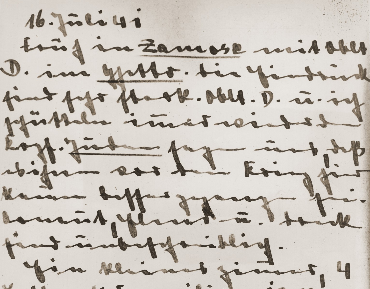 Diary entry for July 16, 1941, written by Lothar Streicher, son of Der Stuermer publisher, Julius Streicher.

The excerpt reads: "Went early [today] to Zamosc [ghetto] with Lt. D.  The impressions were very strong.  Lt. D. and I kept shaking our heads.  Jews tell us that it was scarcely better for them before the war.  The poverty, suffering, and filth are indescribable.  A small room, 4 . . . "

Images of Lothar Streicher's diary entries were made available by the International News Service in October, 1945, and were used to illustrate a series of articles about Julius Streicher, a defendant at the International Military Tribunal war crimes trial in Nuremberg.  The original INS caption reads: "This page from the diary of Julius Streicher's son, Lothar, records the youth's reactions during a visit to a Jewish ghetto:  'There is only one solution to the Jewish Problem . . . extermination!'"

Lothar Streicher joined the SS while still at school.  At the beginning of WWI he joined the Luftwaffe and trained as a pilot.  On the side, Lothar undertook special missions for his father to gather information about anti-Nazi activities.