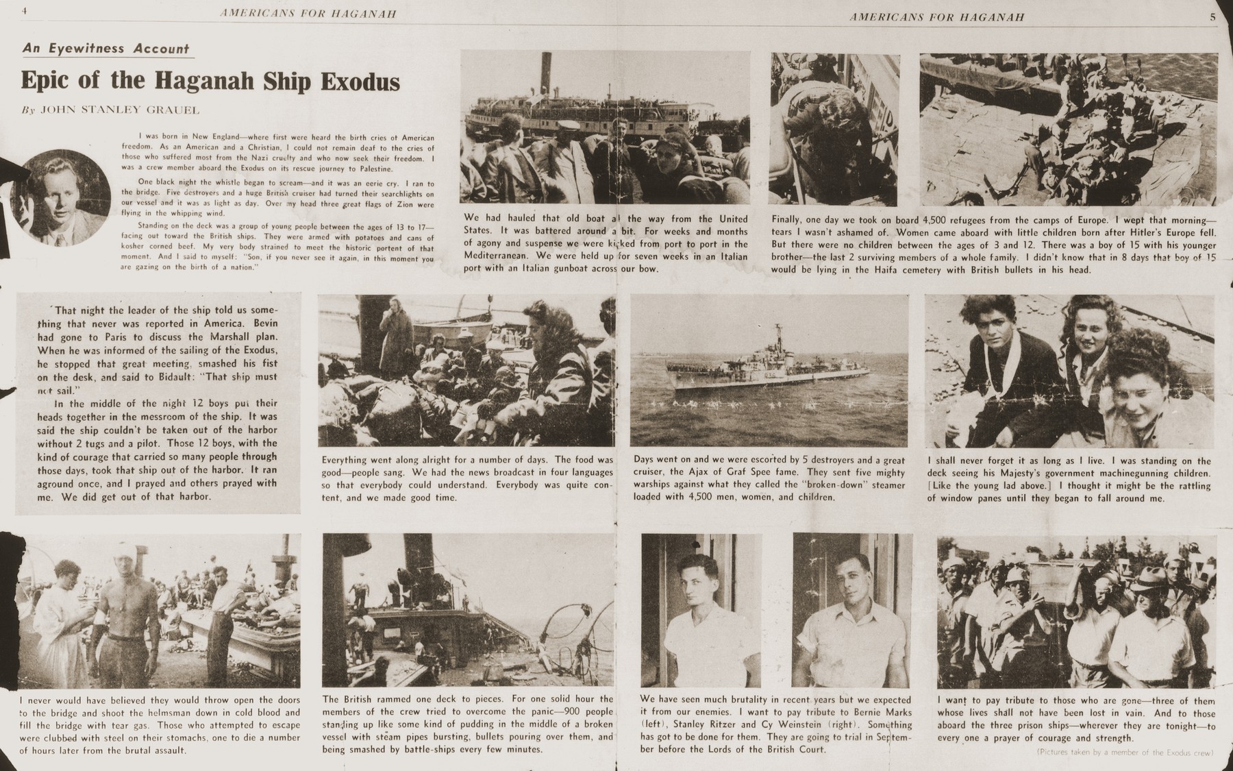 Inside page of the American Zionist newspaper, "Americans for Haganah" of September 15, 1947, featuring an illustrated eyewitness account of the Exodus 1947 by one of its crewmen, John Stanley Grauel.