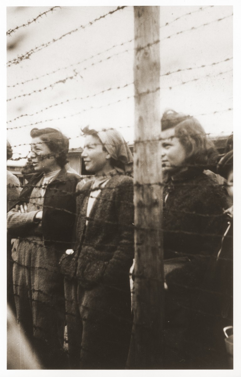 Young female survivors look out from behind the barbed wire fence enclosing the women's camp at Mauthausen.

These women were recent arrivals to Mauthausen, having walked all the way from Vienna.  Many were former teachers from Poland, Hungary, and Czechoslovakia.