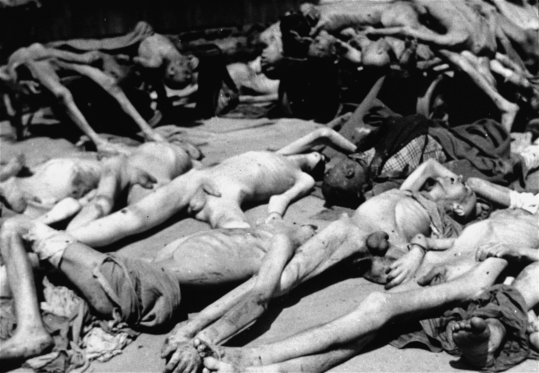 Piles of naked bodies lie on the ground in the newly liberated Gusen concentration camp.