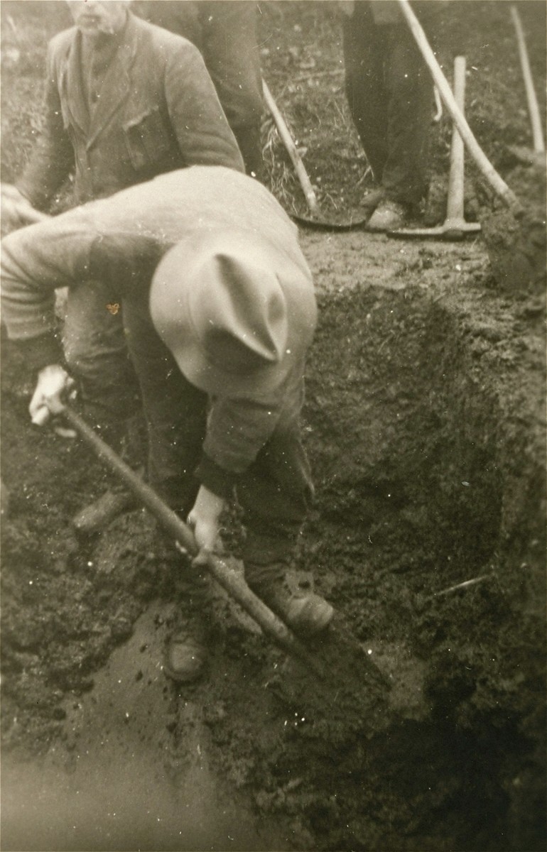 Austrian civilians are forced to dig graves for corpses found in Ebensee.