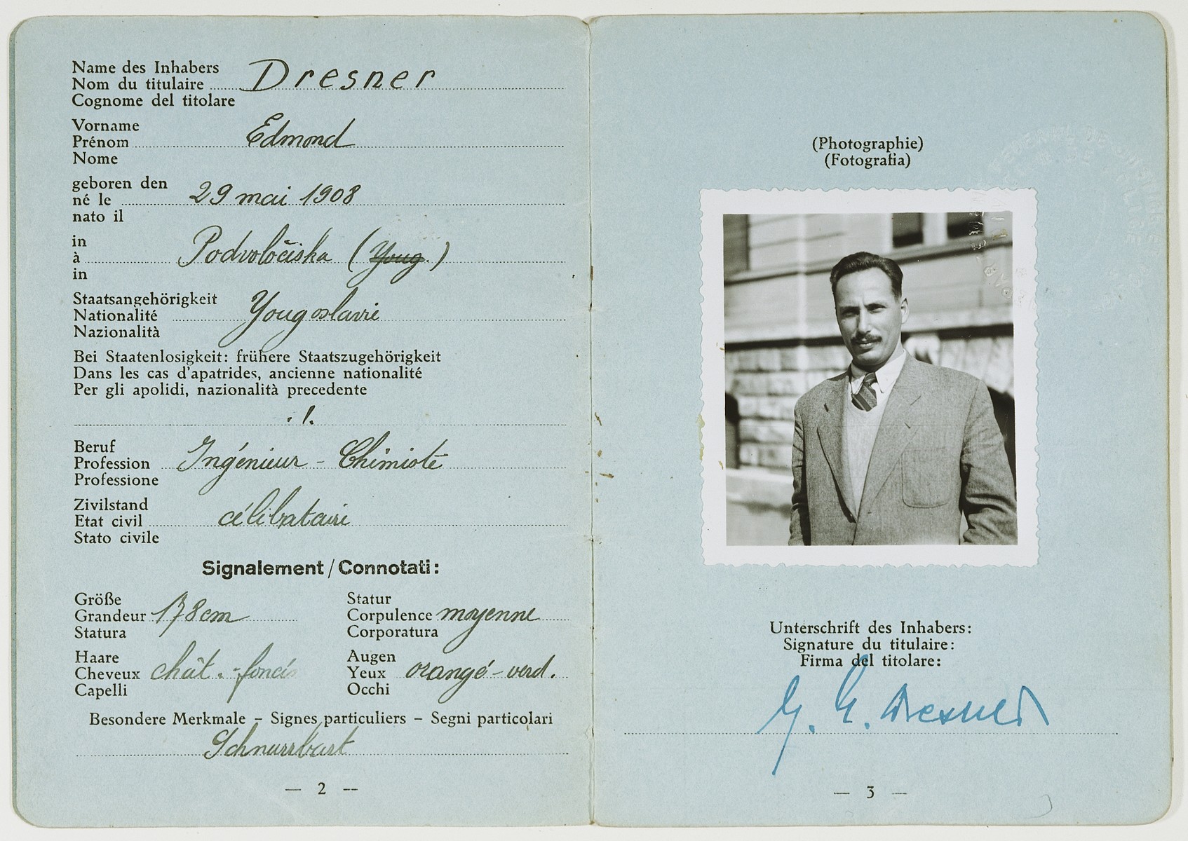 Refugee identification card issued to Edmund Dresner, a Jewish refugee, after his escape to Switzerland.