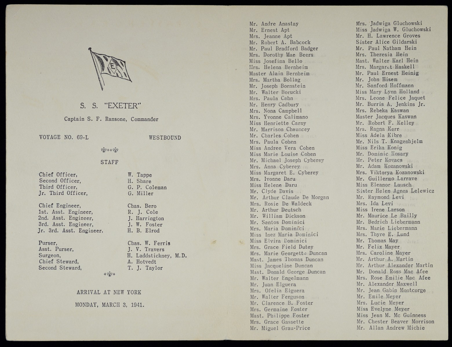 Passenger list of the SS Exeter sailing from Lisbon to New York on February 21, 1941.  Among those listed are five members of the Schadur family.