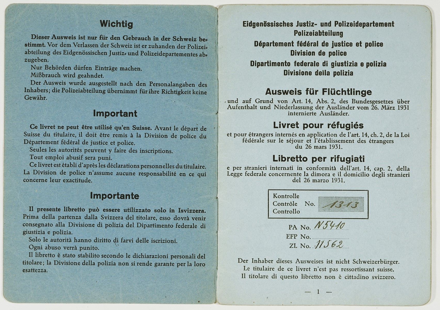 Refugee identification card issued to Edmund Dresner, a Jewish refugee, after his escape to Switzerland.