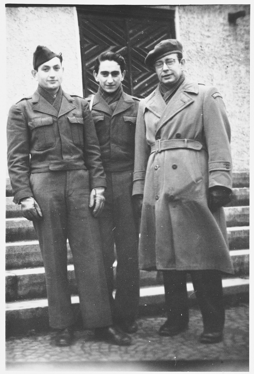 Herschel Glicksberg (Harry J. Gilman)  and Shmuel Shalkovsky (center, the donor) pose with Harry Biele (right), deputy director of the American Jewish Joint Distribution Committee in Germany.