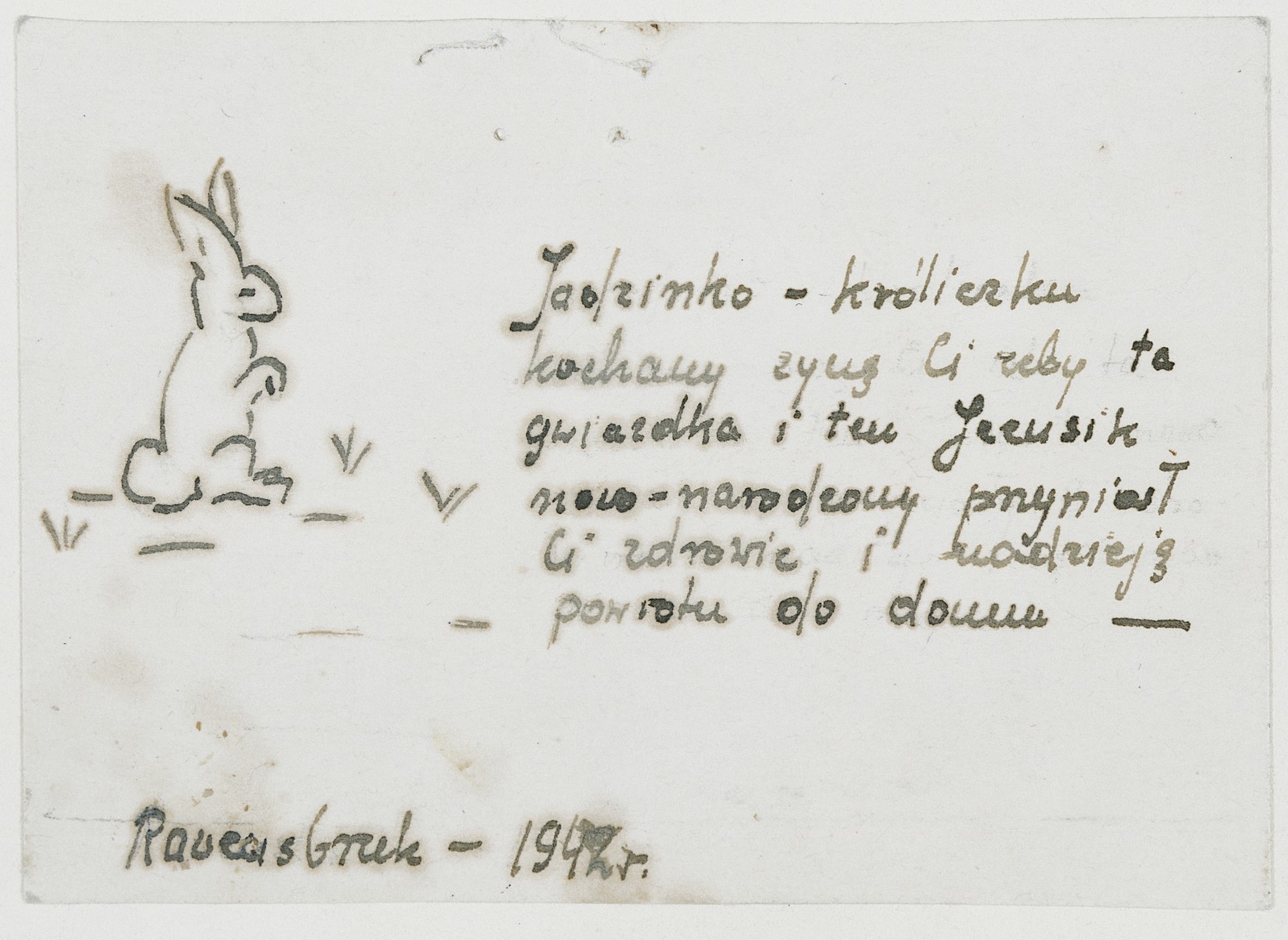 Christmas card given to Polish political prisoner, Jadwiga Dzido by a fellow inmate of the Ravensbrueck concentration camp.

The card is decorated with a drawing of a rabbit, a reference to their common experience as victims of medical experimentation (like laboratory rabbits).

The Polish text reads: "Dear Jadzienko Little Rabbit, For Christmas I wish that baby Jesus will grant you health and hope and that you will get back home."