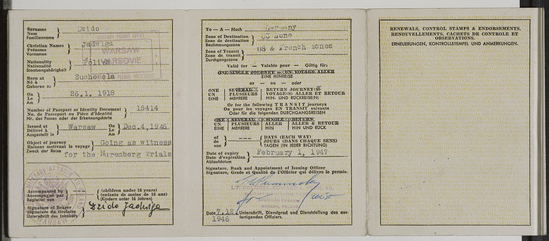 Verso of a military entry permit allowing Jadwiga Dzido to travel to Nuremberg to serve as a witness in the Medical Case trial.