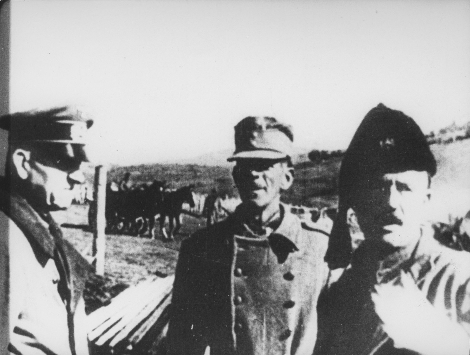 German General Major Friedrich Stahl stands alongside an Ustasa officer and Chetnik Commander Rade Radic in central Bosnia.