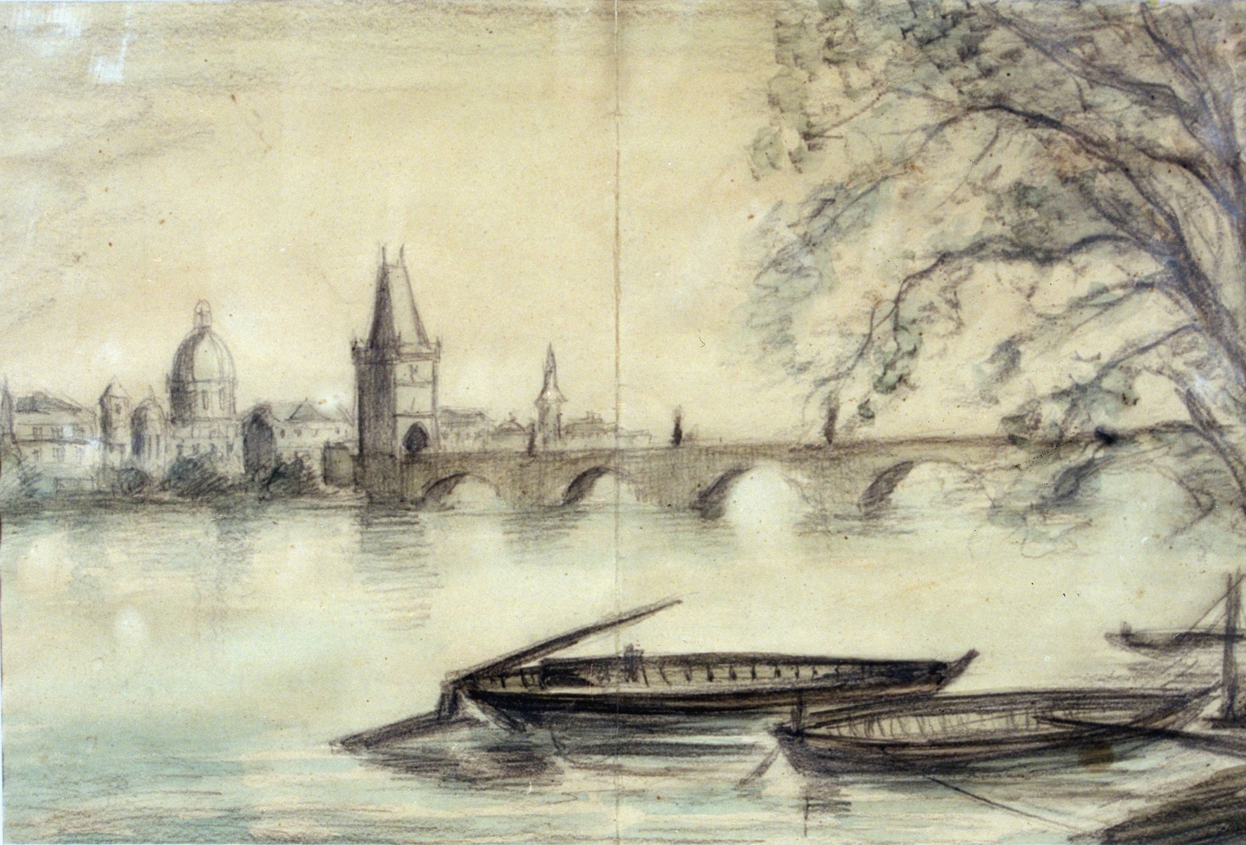 Painting of the Vltava River in Prague drawn from a photograph by Theresienstadt prisoner Bedrich Fritta.