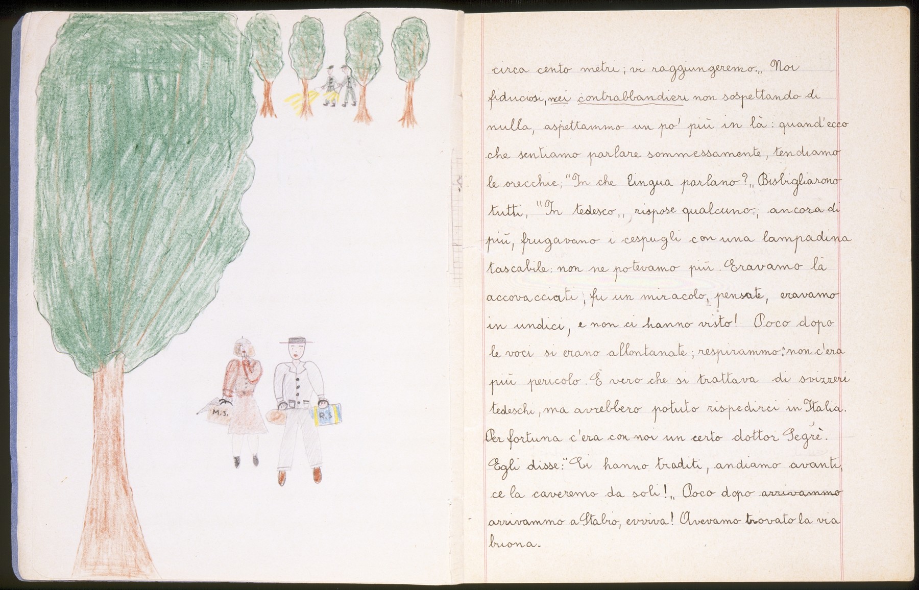 Illustrated page of a child's diary written in a Swiss refugee camp.  

The diary entry describes how they crossed the border into Switzerland. The text reads, "We came out of the woods and into a clearing: we had to be as quiet as possible because we were so close to the border.  Oh!  I almost forgot!  Before we came out of the woods, they made us stand still for a quarter of an hour while they went to explore the area and to cut through the fence. Fortunately, shortly thereafter, we began to walk again.  We saw a small guard station that was literally in front of the hole in the fence, fortunately the guard was not there.  One by one, silently, we went through the hole in the fence.  What emotion!  Finally, we were in free territory, in Switzerland."