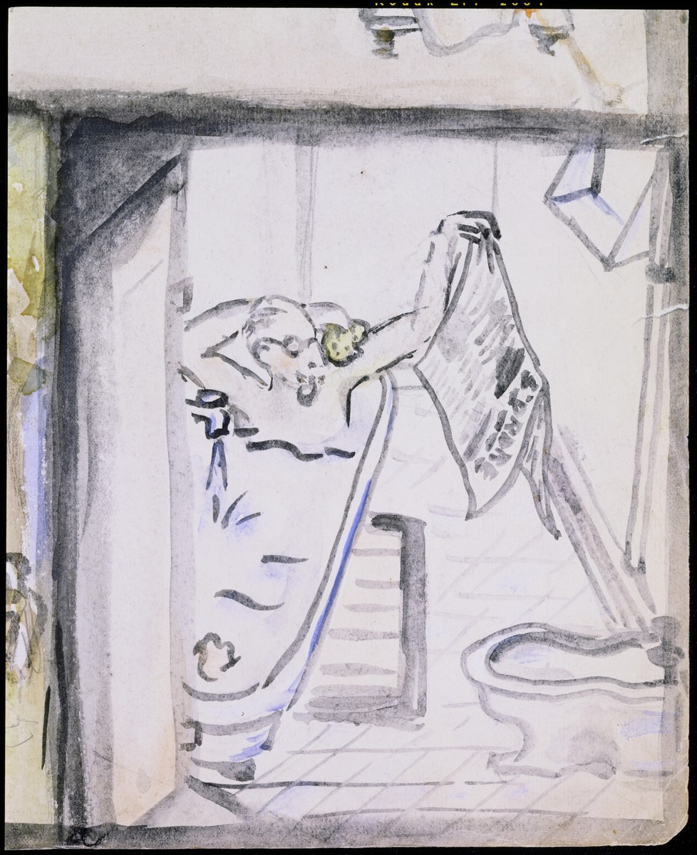 Detail of a page of a sketchbook created by Elizabeth Kaufmann during her stay in Nazi-occupied France.   The detail is of an image entitled "Father in a bathtub."