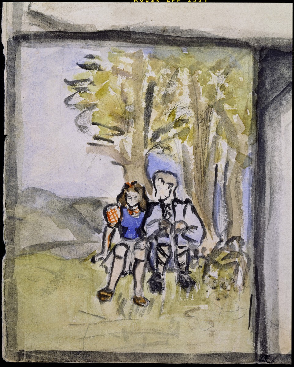 Detail of a page of a sketchbook created by Elizabeth Kaufmann during her stay in Nazi-occupied France.   The detail is of an image entitled "Elizabeth and Ernst under a tree."