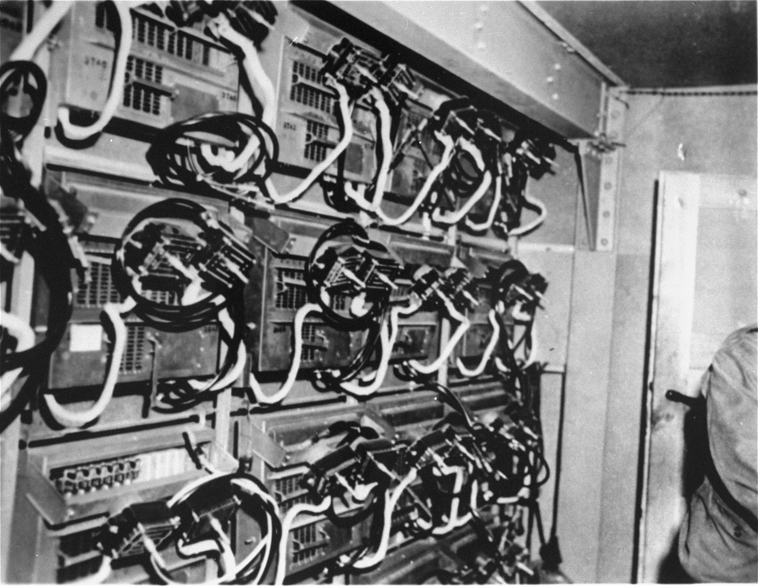 Central junction boxes on a test board in the central test room of the underground factory at Dora-Mittelbau.