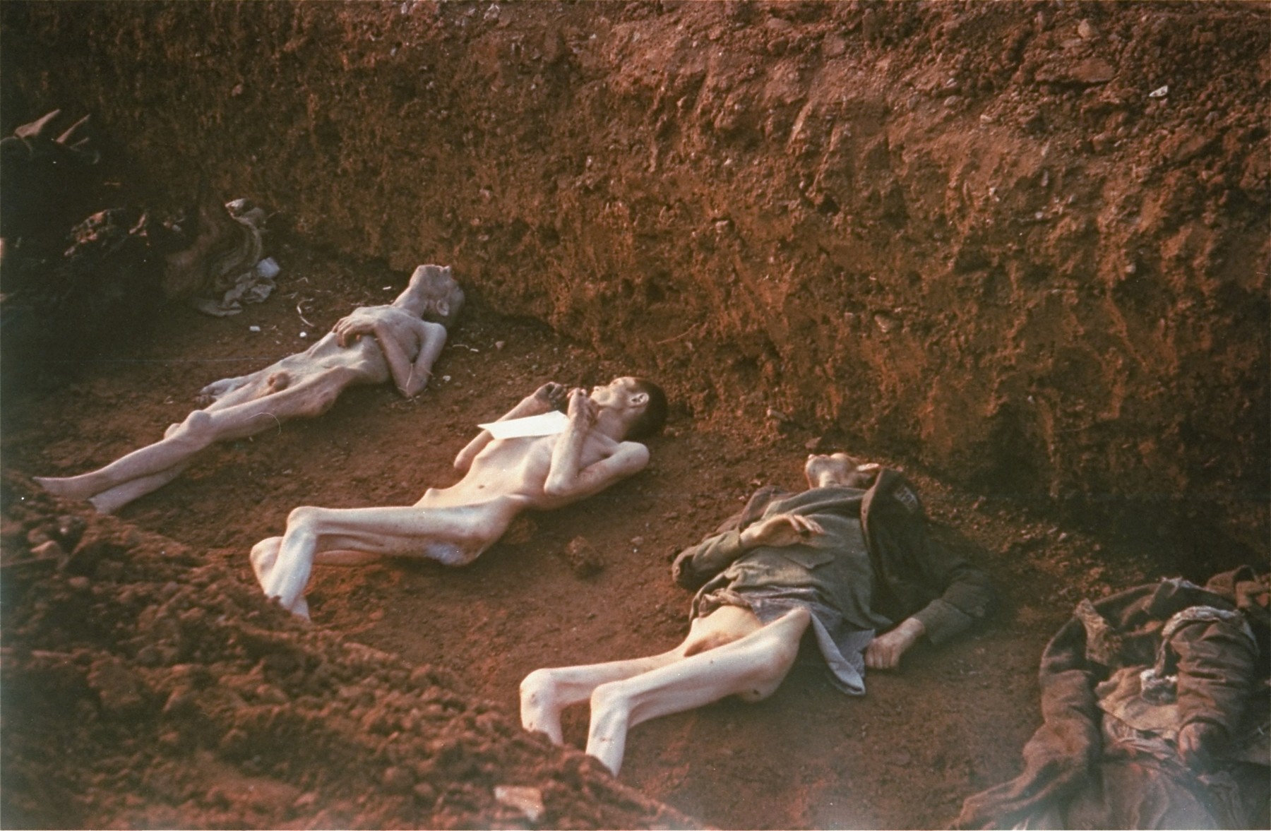 The bodies of prisoners killed in the Nordhausen concentration camp lie in a mass grave dug by German civilians under orders from American troops.