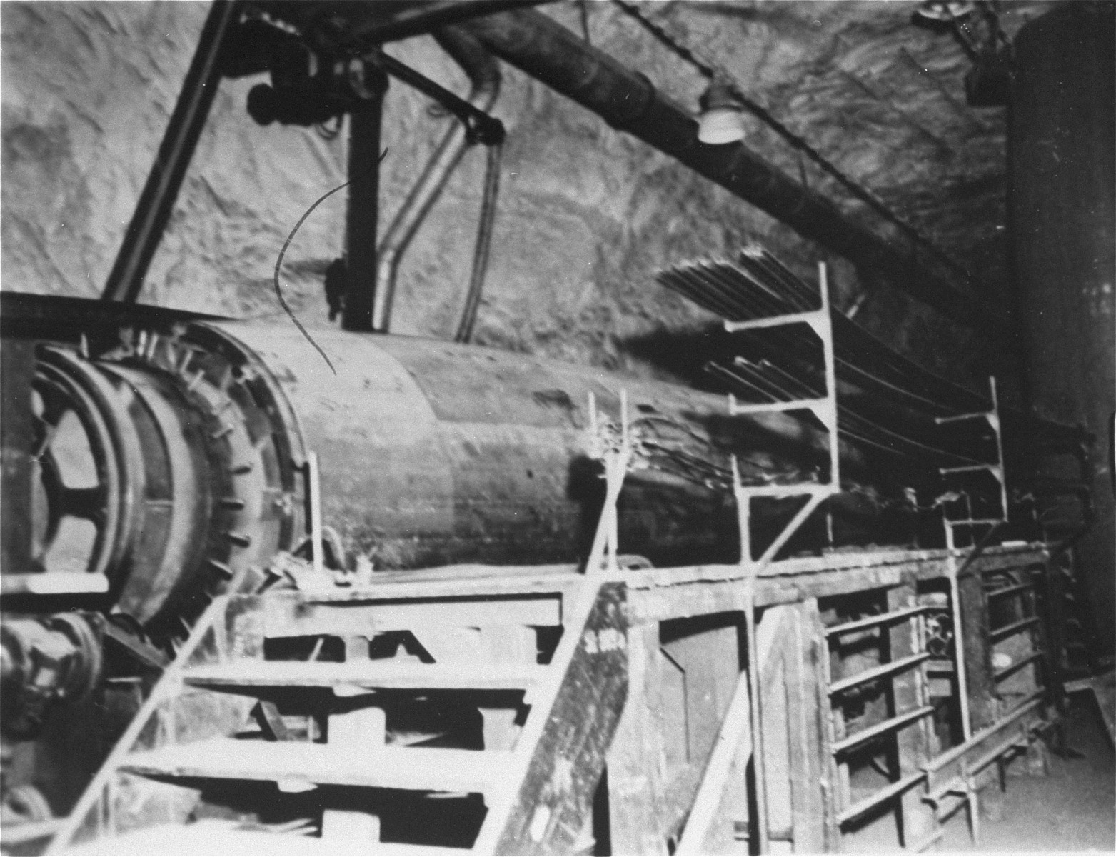 A large jig in the underground rocket plant, which was used to weld stringers to the skin.