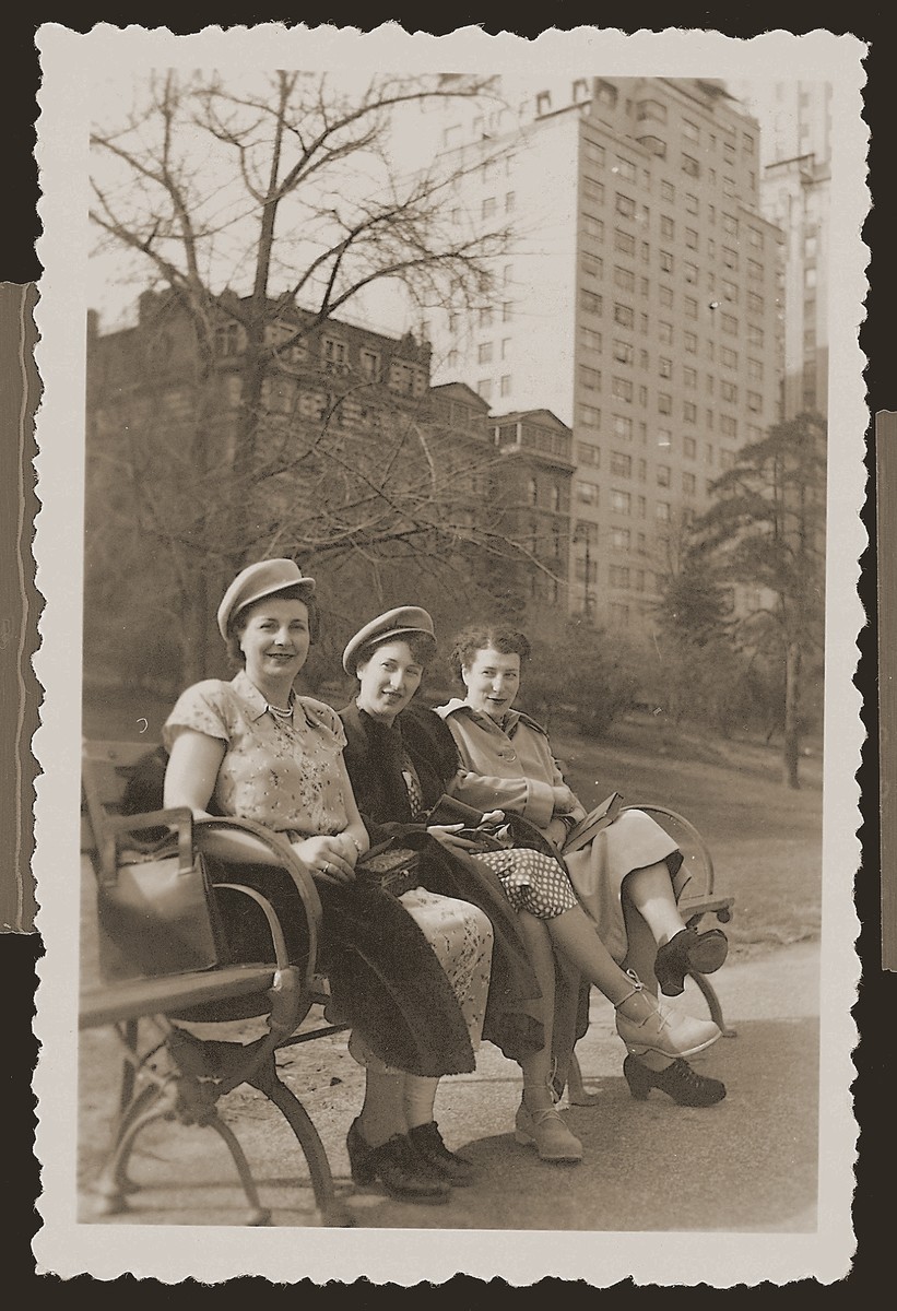 Bep Meijer Zion (middle), on her honeymoon in New York, poses on a park bench with her sister, Renee Meijer Beck (left), and a friend, Lore Polak.  Renee and Lore, who survived the war in hiding, left Holland for the United States soon after the war's end.