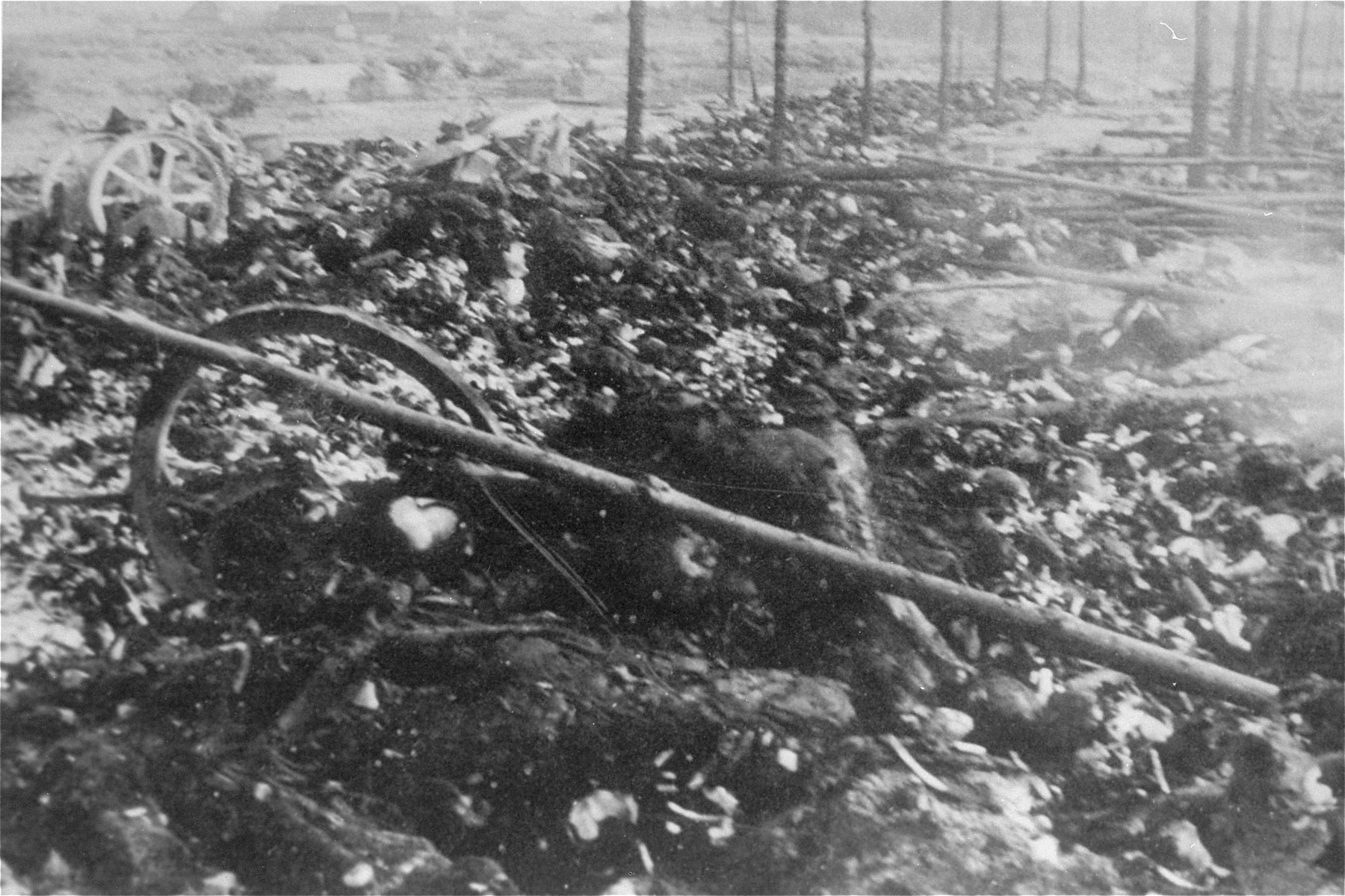 View of the charred remains of Jewish victims burned in a barn by the Germans near the Maly Trostinets concentration camp.