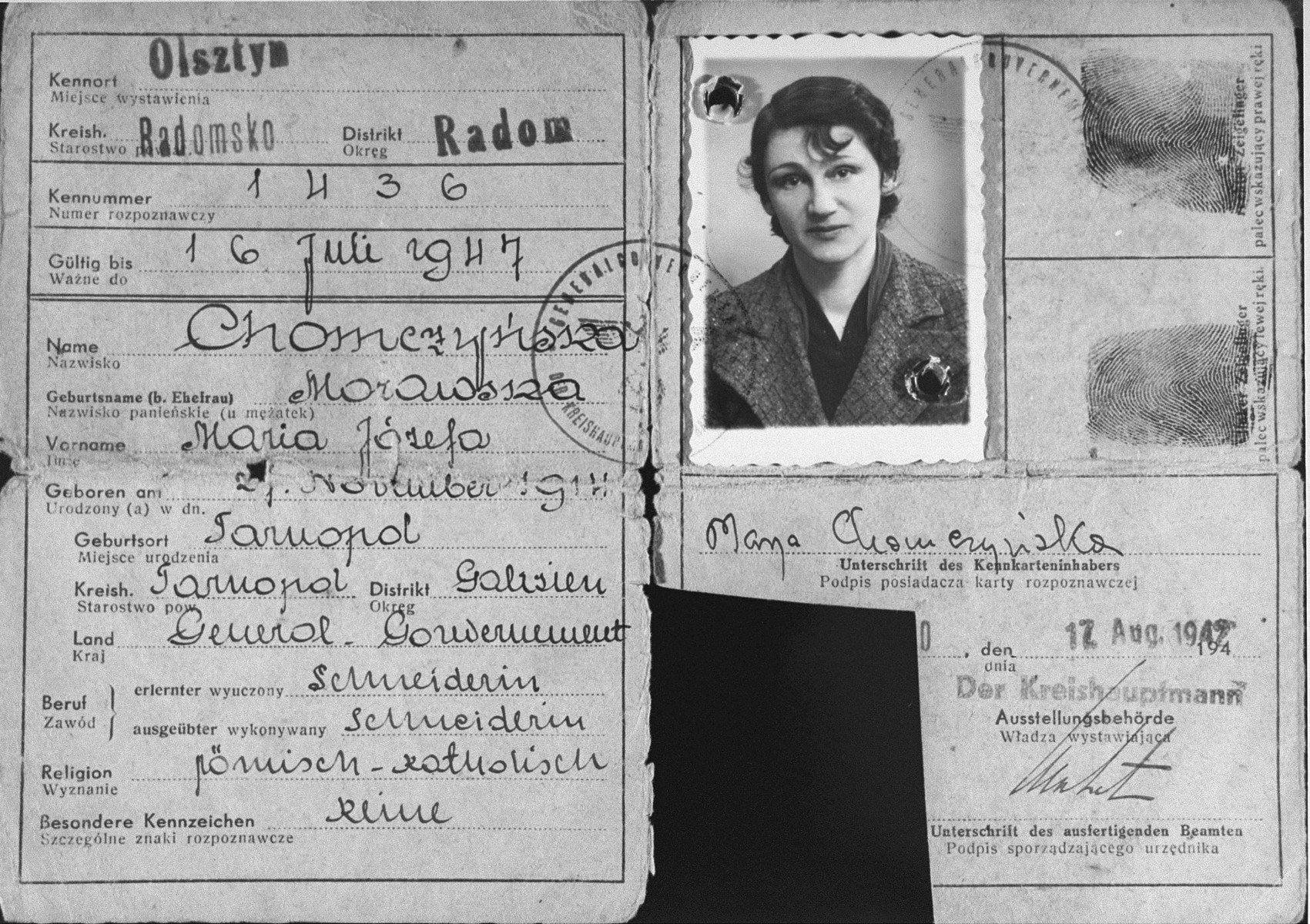 False identification papers used by the donor's wife, Maria Minc Morgenstern, during her years of hiding in occupied Poland.  Minc lived under the assumed name of Maria Chomczynski.