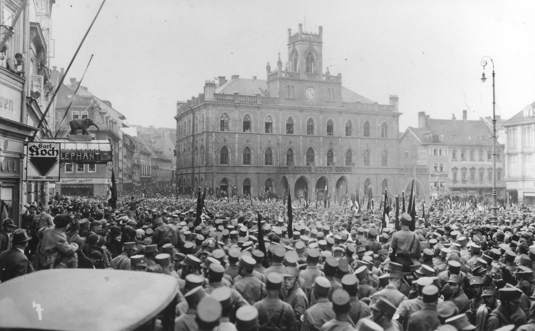 A crowd fills the main public square during a Gau Parteitag [District Party Day] demonstration in Weimar.