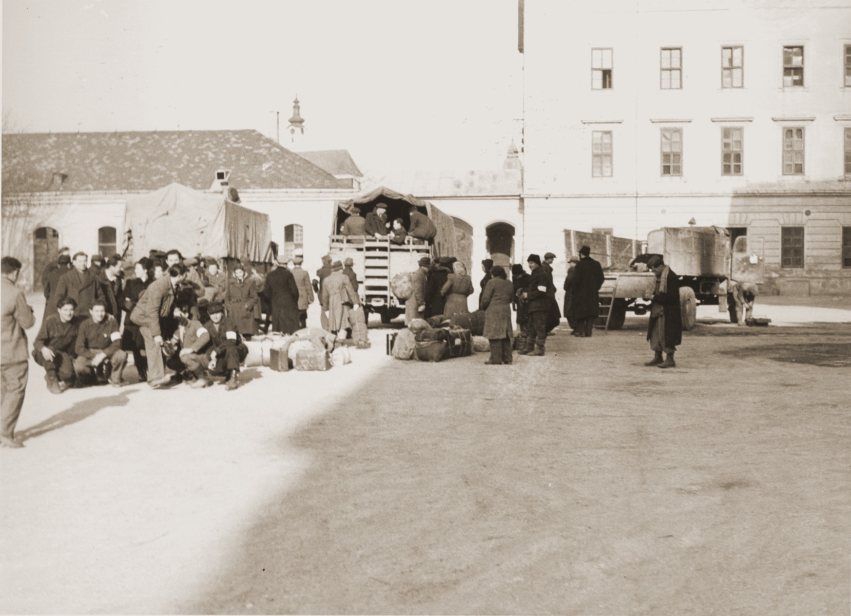 A group of Jewish DPs leaves Enns on the Bricha route.