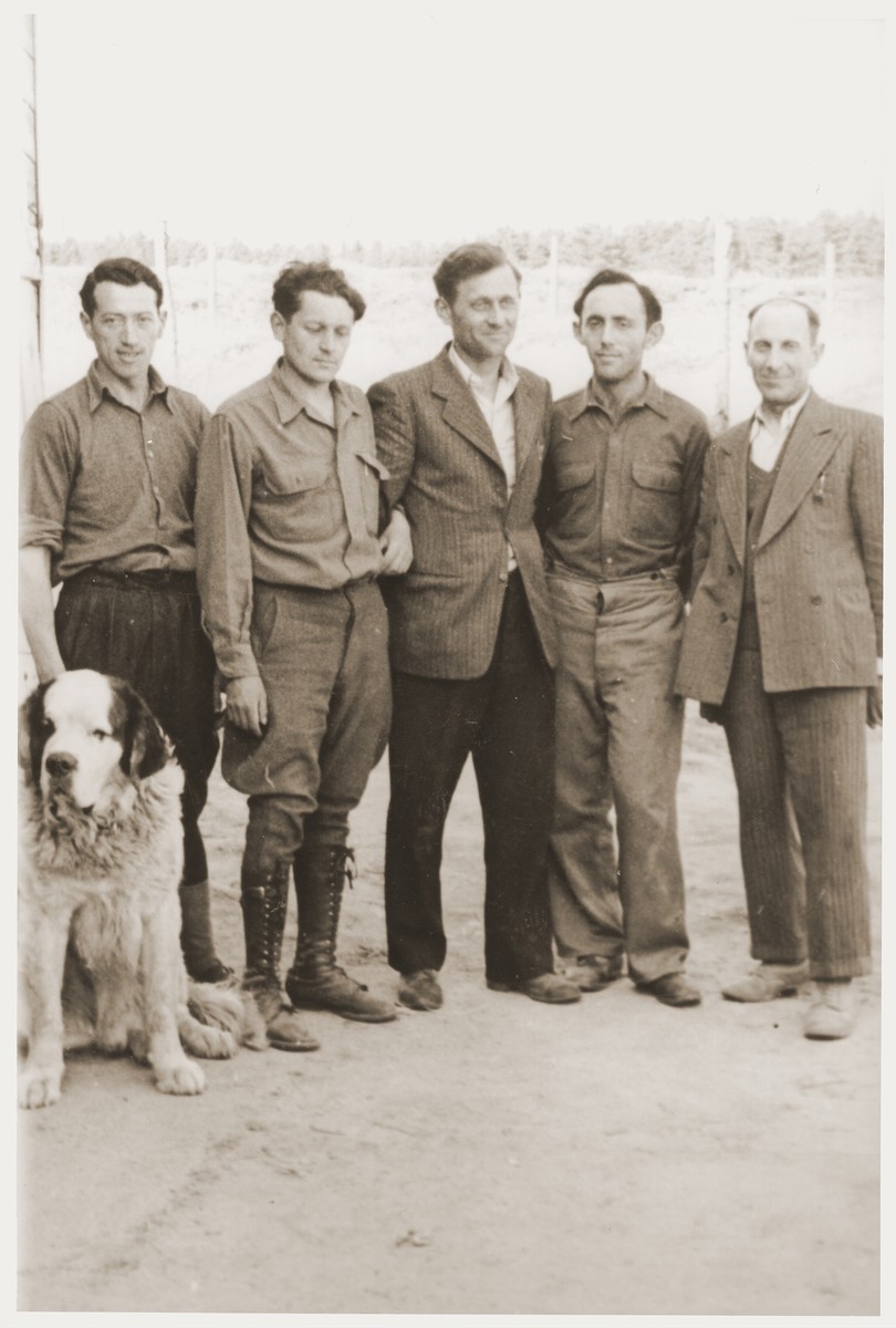 Group portrait of five men who are members of the Kibbutz Nili hachshara (Zionist collective) in Pleikershof, Germany

Among those pictured are Chaim Shapiro (second from the left), Abraham Feder (second from the right), and Shraga Applebaum  (far right).  Posing with them is Rasso (or possibly Nero), one of the kibbutz watch dogs formerly owned by Julius Streicher.
