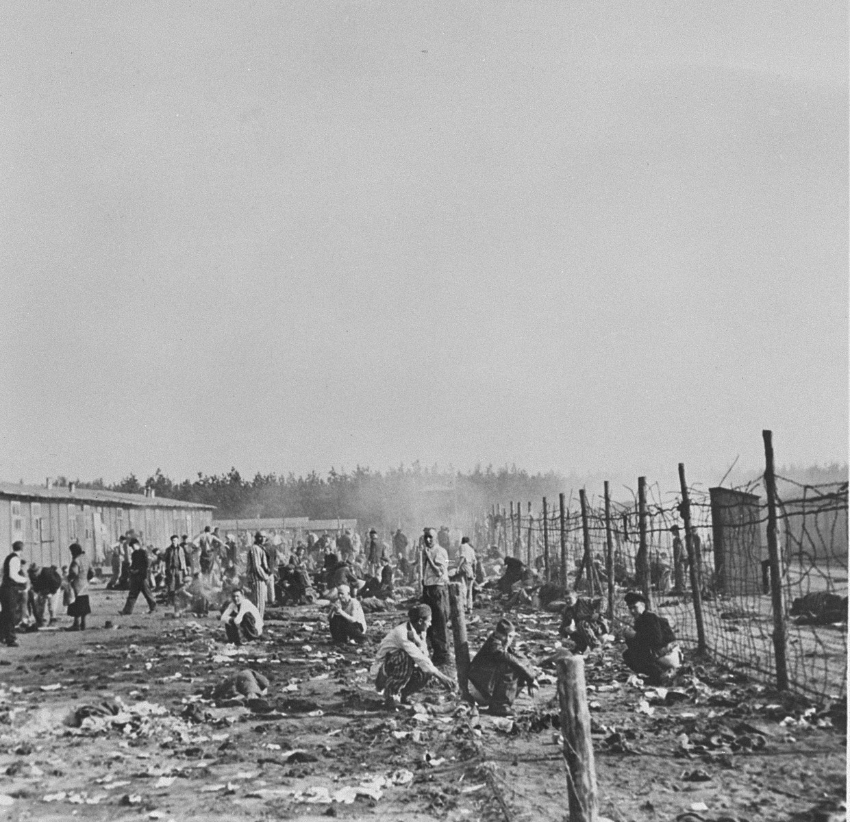 Survivors gather behind a barbed wire fence in Bergen-Belsen.