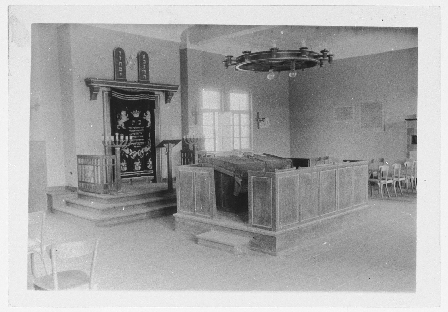 View of the interior of the synagogue in the Zeilsheim DP camp.