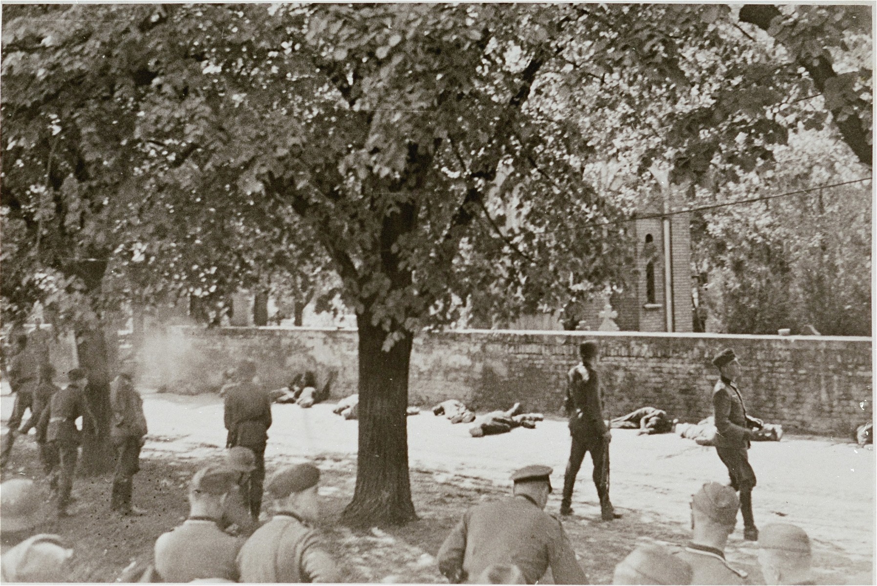German soldiers look on as 18 civilians are shot against the wall of the cemetery in Pancevo.