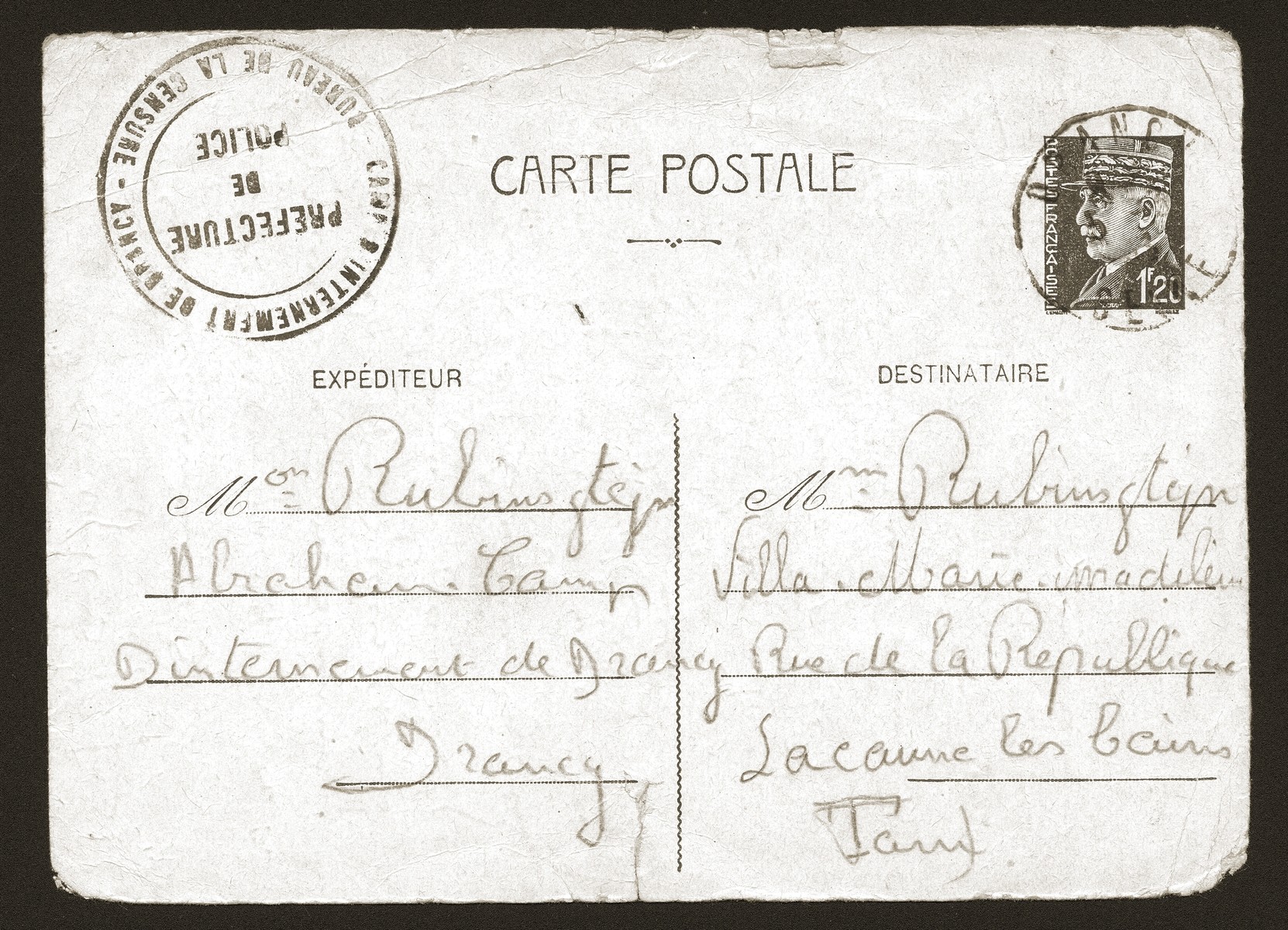 Postcard sent to the Rubinsztejn family by Armand Rubinsztejn during ...