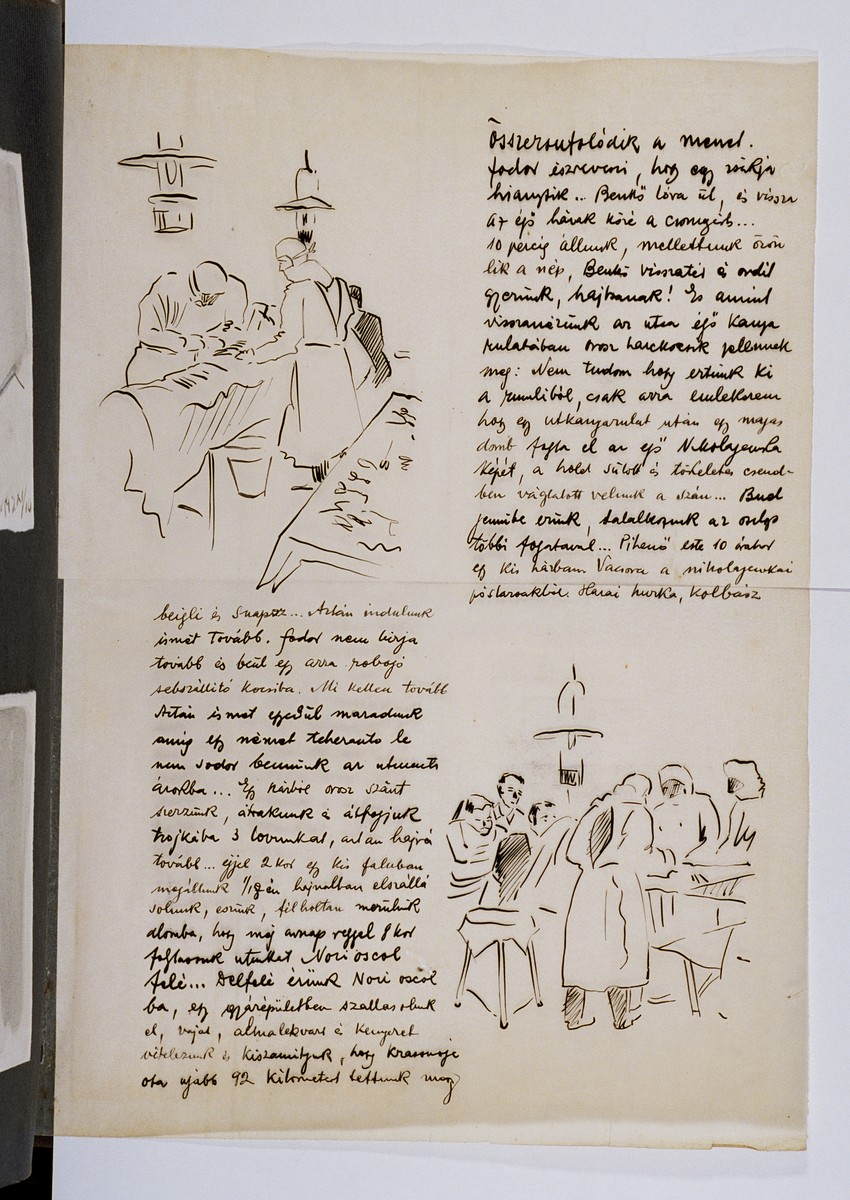 One page of an illustrated album produced by Gyorgy Beifeld (1902-1982), a Hungarian Jew from Budapest, who was drafted into the Munkaszolgalat (Hungarian Labor Service system) and spent more than a year on the Soviet front, from April 1942 through May 1943.  The album contains 402 drawings and watercolors by Byfield, as well as a narrative of his experiences.
