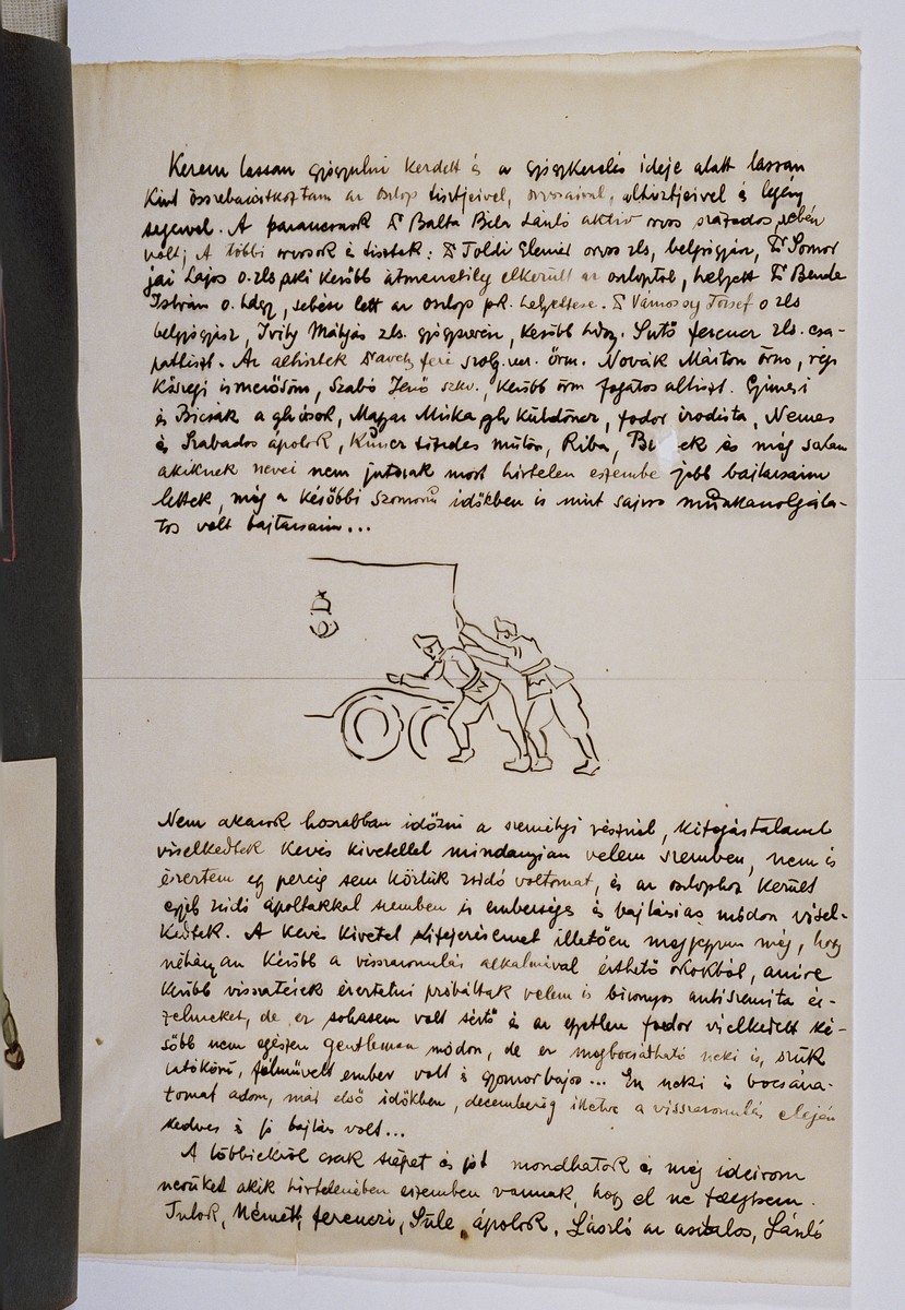 One page of an illustrated album produced by Gyorgy Beifeld (1902-1982), a Hungarian Jew from Budapest, who was drafted into the Munkaszolgalat (Hungarian Labor Service system) and spent more than a year on the Soviet front, from April 1942 through May 1943.  The album contains 402 drawings and watercolors by Byfield, as well as a narrative of his experiences.