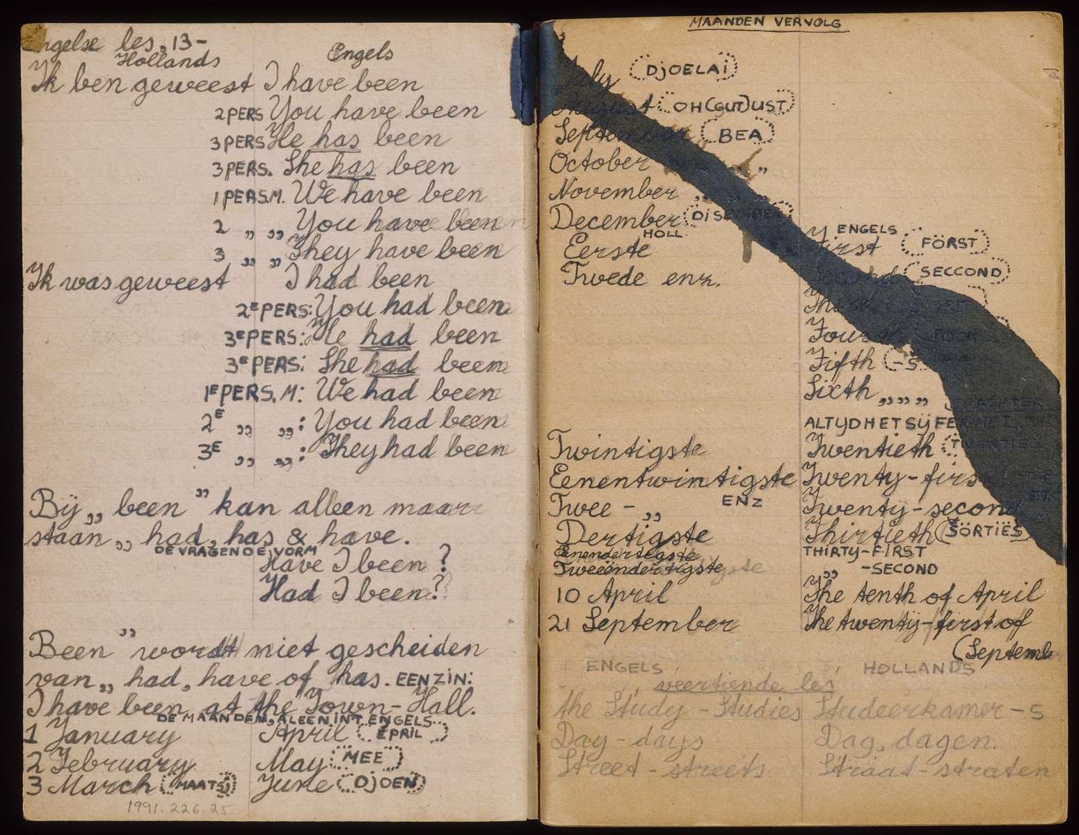 An open page of a book of English lessons handwritten in Dutch and English by Albert and Max Heppner while they were living in hiding in Deurne-Zeilberg, Holland.  

The volume includes two books in one: the first is "In Grove Trekken, Onze Geschiedenis," written by Max Heppner, and the second, a book of English lessons, written by both Max and Albert.