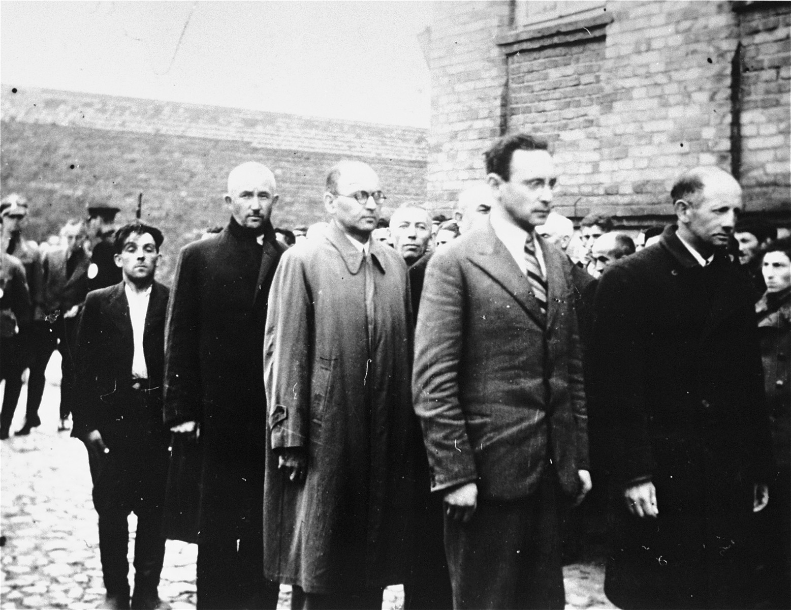 Jewish men are lined-up in a courtyard during an action in Plonsk.