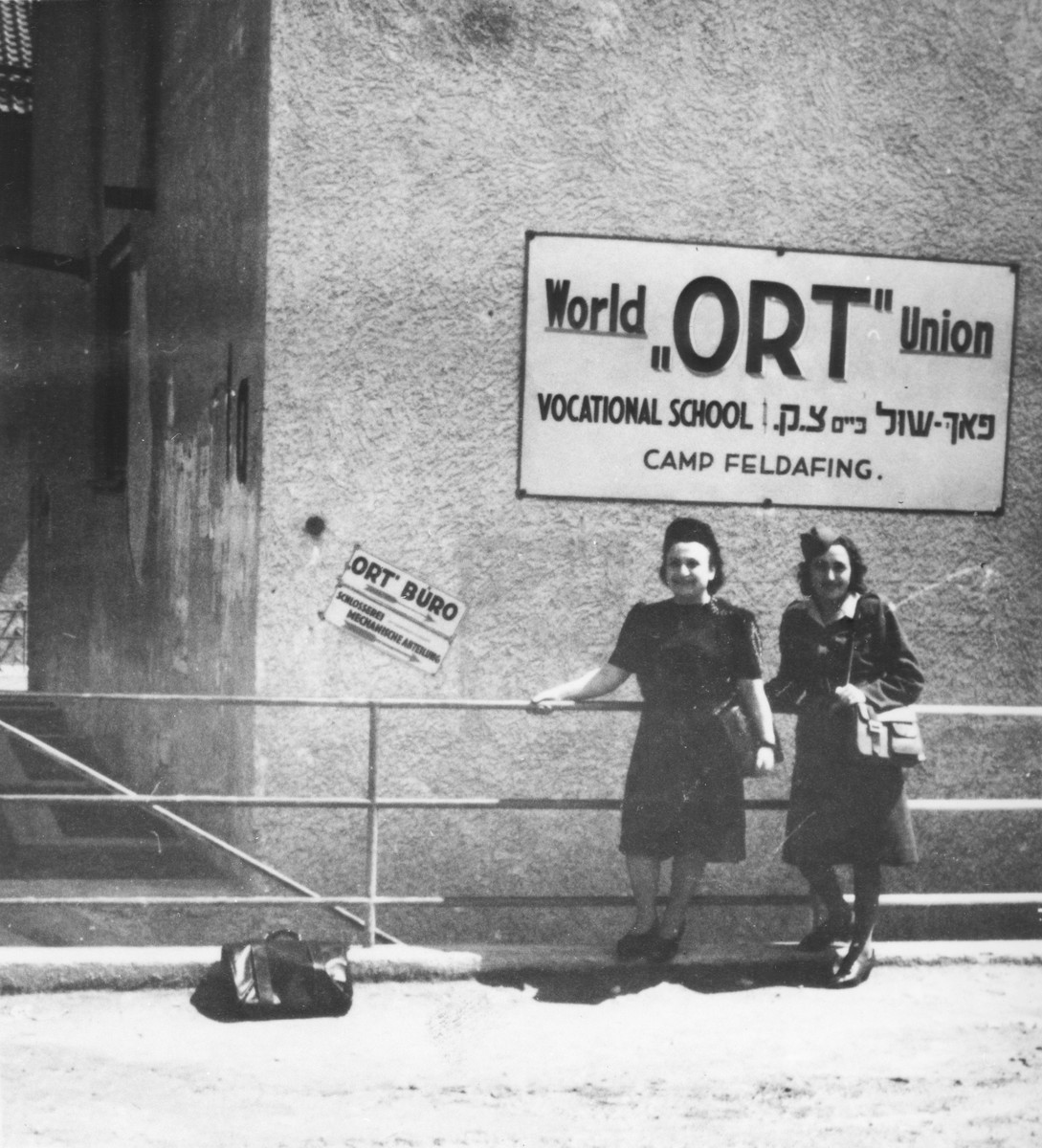 Two women stand outside the ORT vocational school in the Feldafing displaced persons' camp.