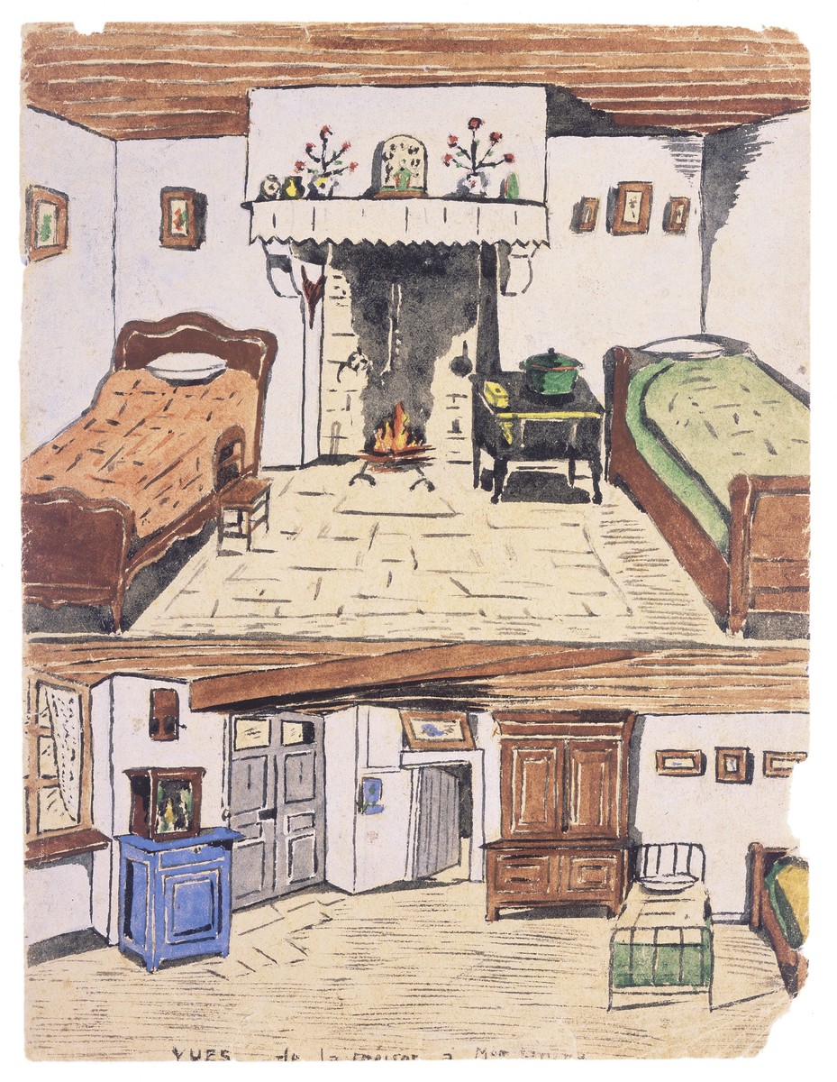 Two watercolor paintings by Simon Jeruchim depicting the home of his rescuer, Madame Prim.  

Above is the room where the artist slept.  He shared the room with Madame Prim.  He slept on the right, and she on the left.  She was very arthritic and needed the chair to help her get in and out of bed.  The floors were made of dirt, and a few slate tiles were kept on the floor near the fireplace for cooking.  Here they made soup and stews from potatoes.  On the mantel and on either side of the fireplace are depictions of saints.  The bottom painting shows the other side of the room where the younger children slept.