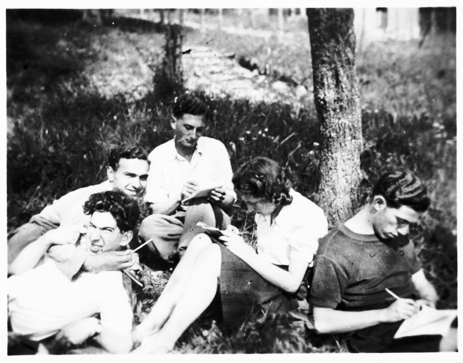 Members of the French Jewish resistance group Armée Juive, relax outside at their training camp in the Alps.

Among those pictured are Haim Hassid (alias Henri Flammant, bottom left), Georges Schneck (above Hassid), and Ado Michaelowicz (right).