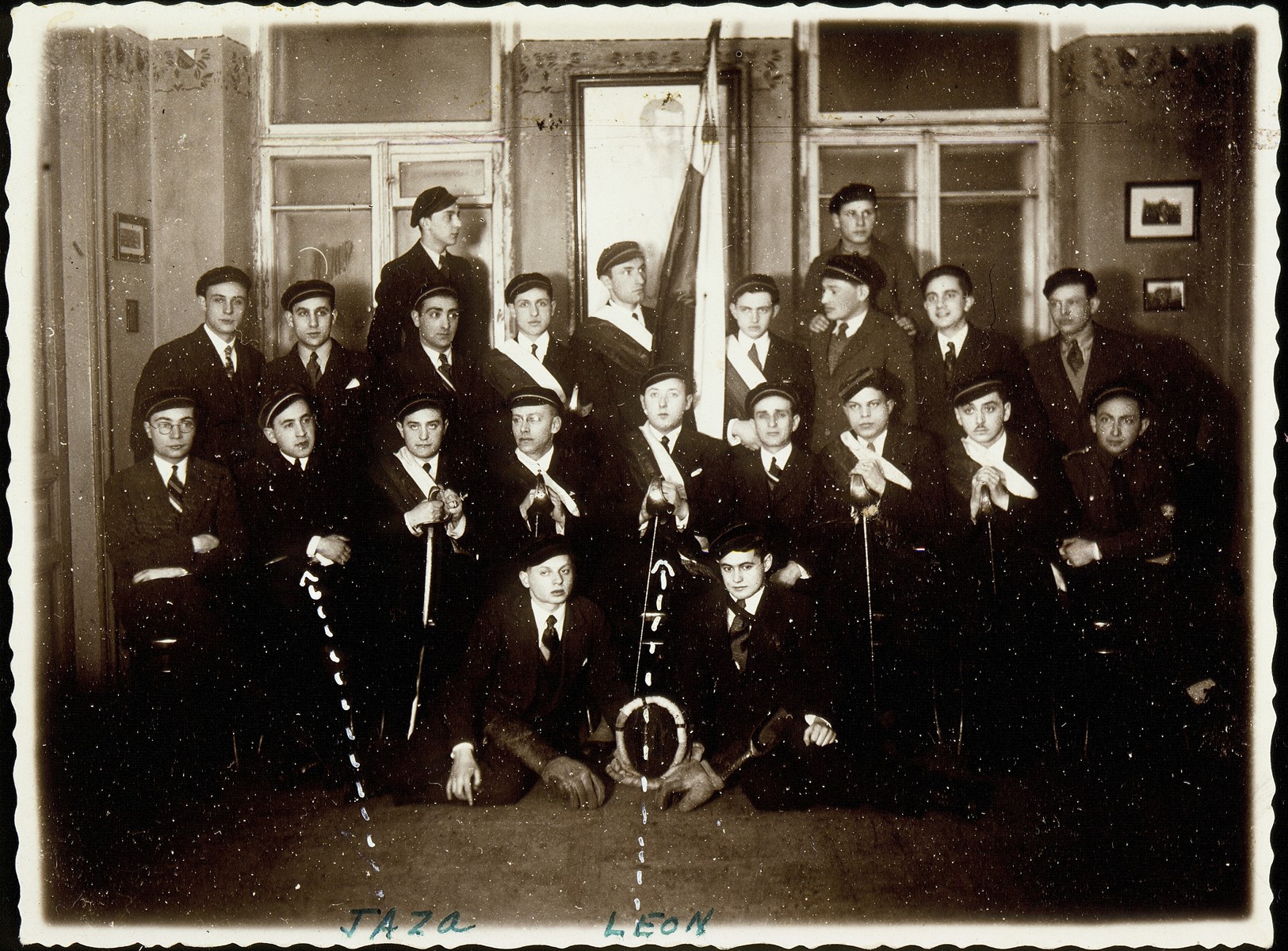 Members of the Jewish medical student fraternity at Vilna University.

Jews were excluded from the Polish student fraternity and therefore formed their own.  Among those pictured are Jasza Saposnikow, son of Sonia Saposnikow (middle row, second from the left), Leon Gordon  (middle row, fifth from the left), Yehoshua Fishman (middle row, far right).  Both Jasza and Leon perished during the Holocaust.